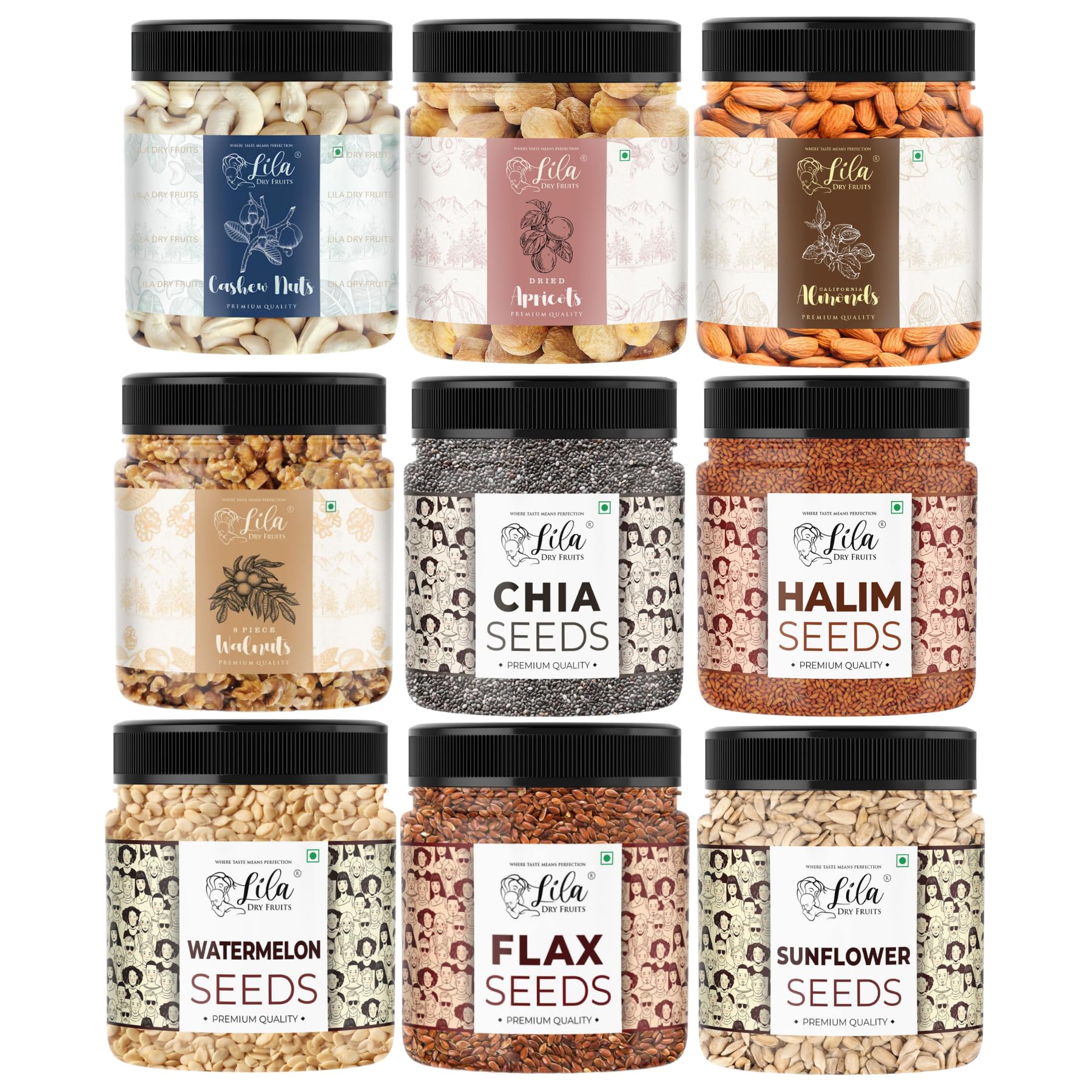 LILA DRY FRUITS Nuts & Seeds Combo – Almonds, Cashew, Walnut, Apricots with Chia, Flax, Sunflower, Watermelon & Halim Seeds 100 Gms x 9 | Healthy Snack Mix Perfect for Gifting-image-23