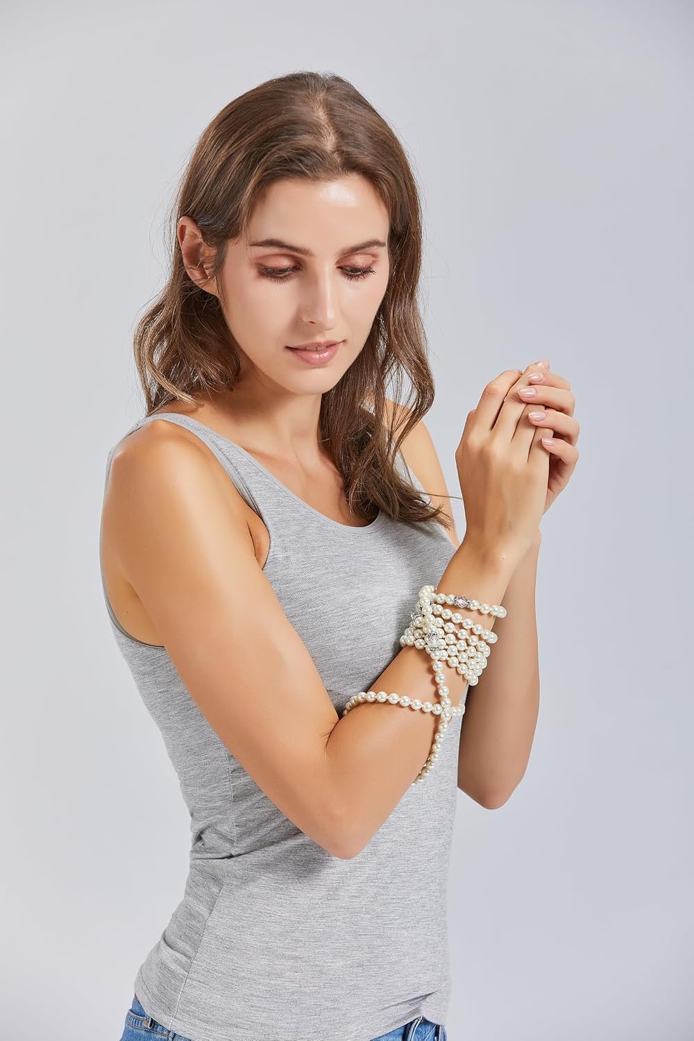 Long Pearl Necklace, Cream White Glass Faux Pearl, Multifunction Costume Jewelry, Hand-Tied Long Strand Necklace for Women