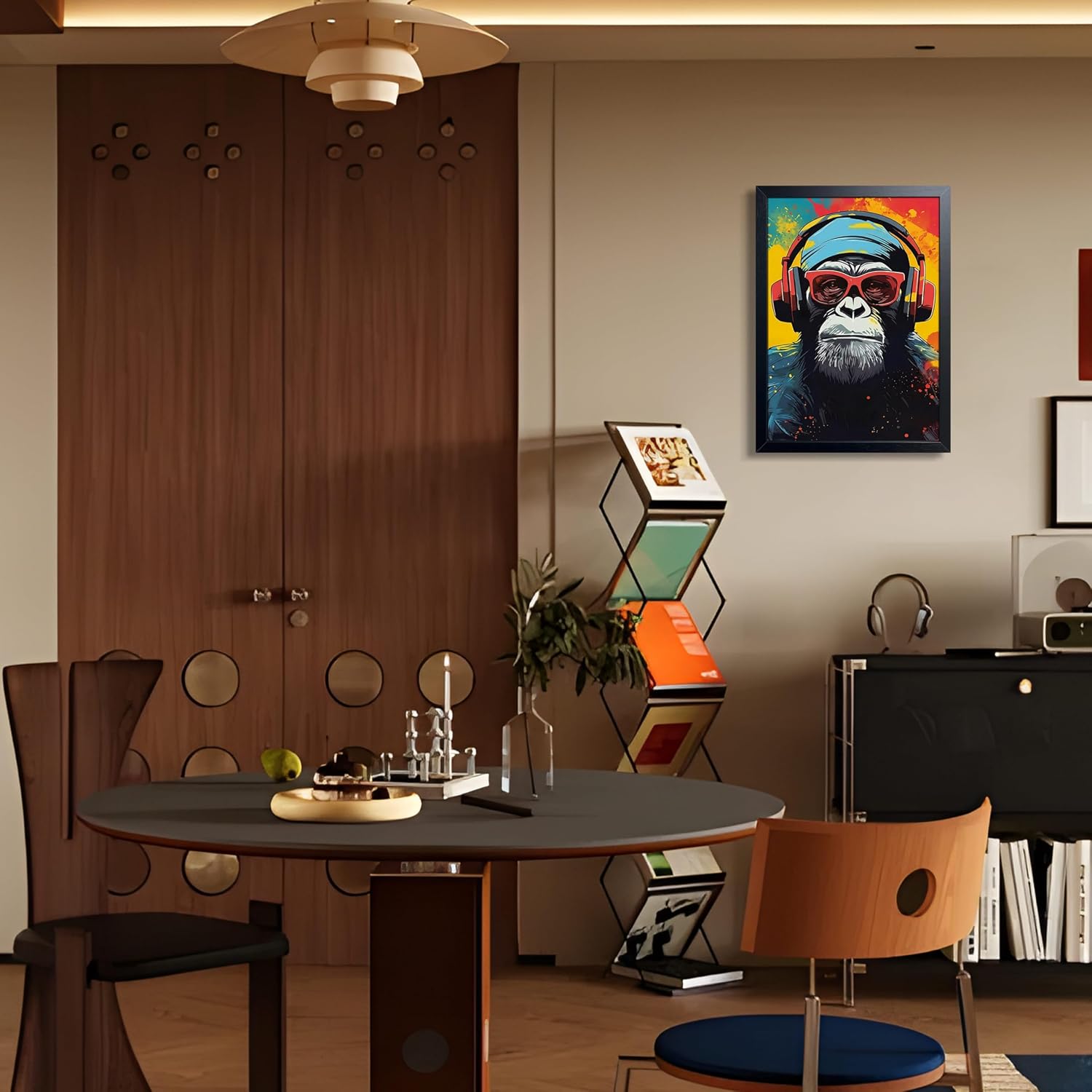 Framed Cool Monkey Wall Art, With Headphones and Sunglasses Chimp Wall Decor, Colorful Graffiti Canvas Print Poster, Cool Animal Oil Painting for Boys Bedroom Gaming Room Home Decor 12x16 Inch image 2