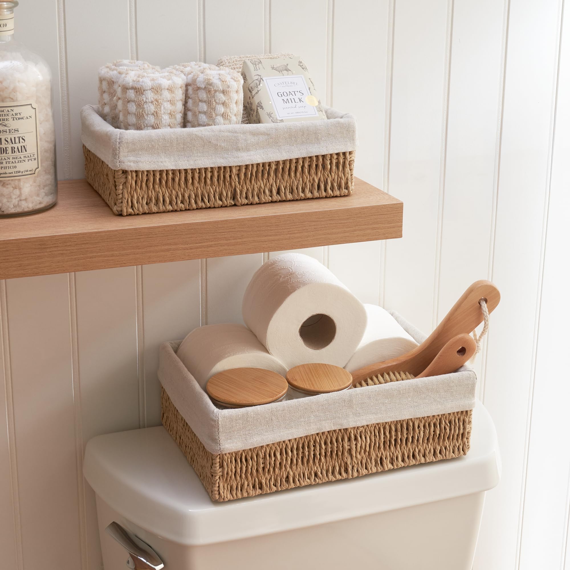 Beautiful Toilet Paper Storage Basket Set of 2 – Decorative Wicker Bathroom Organizer for Toilet Tank Trays - Quality Holder Bin for Shelves Fits Perfectly with Any Bathroom Decor