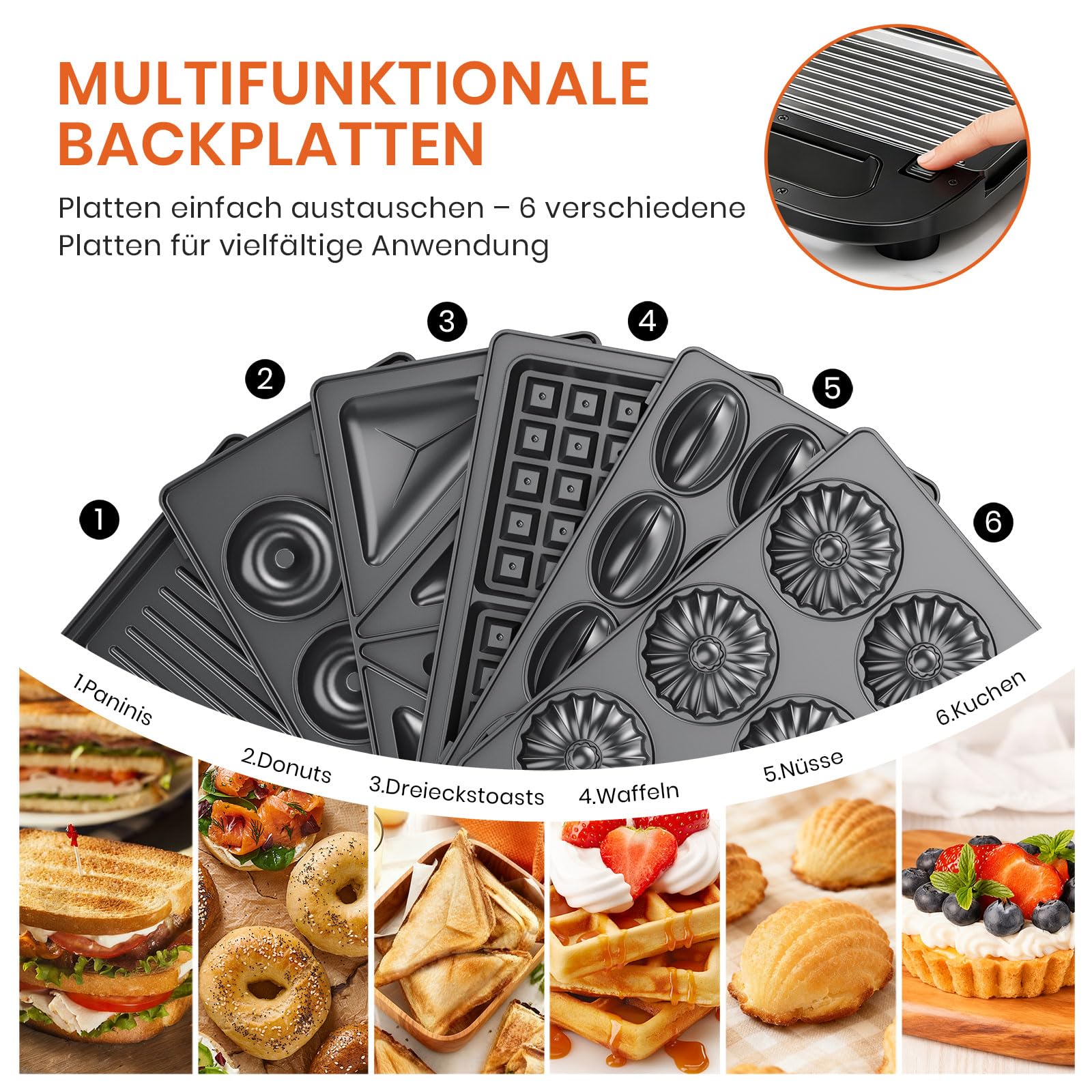 Wielofunkcyjny zestaw do opiekania kanapek 6 w 1, do opiekania kanapek, grill kontaktowy, gofrownica do ciasta, 2 plastry z powłoką zapobiegającą przywieraniu, dwustronne pieczenie w stałej