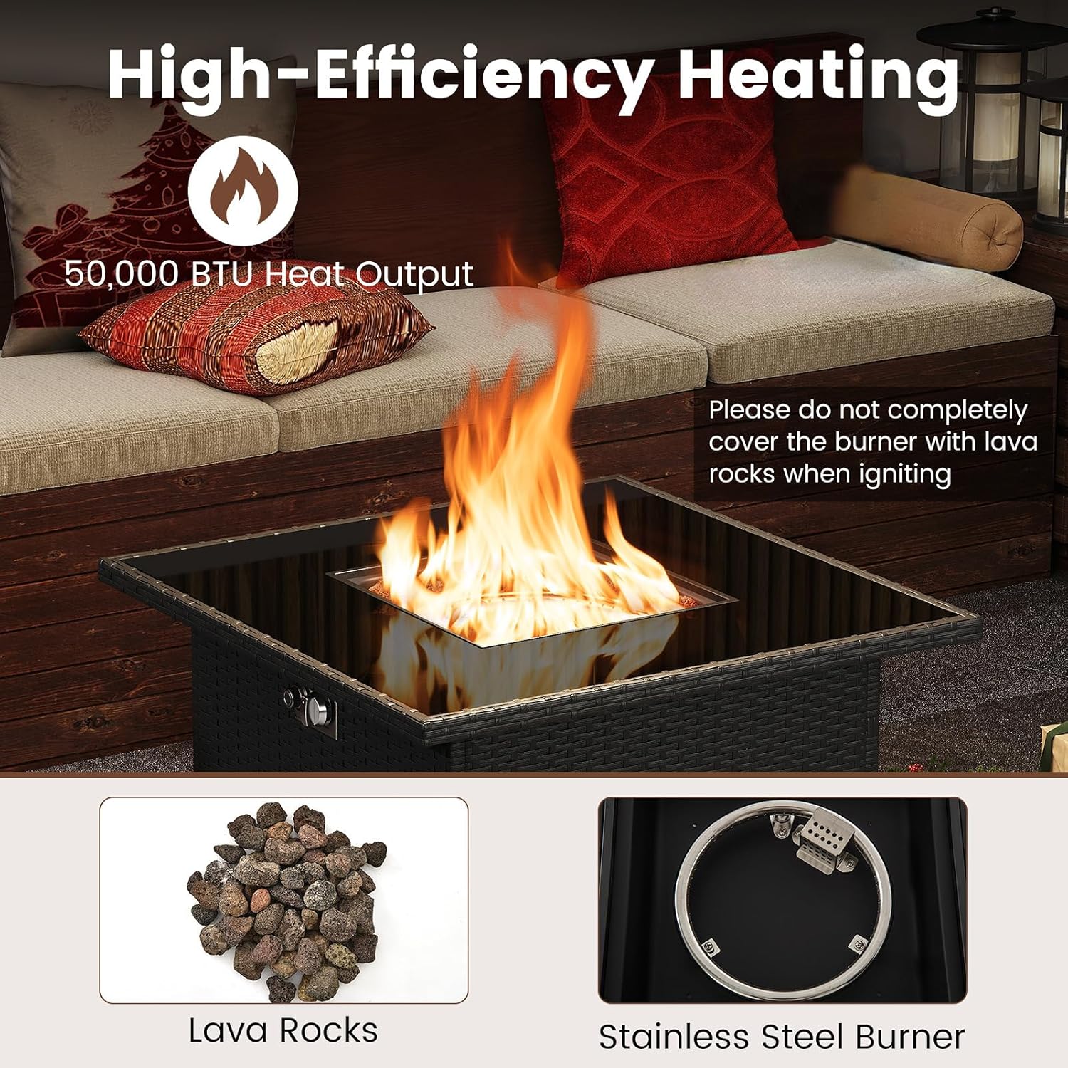 Fire pit with flames, showing 50,000 BTU heat output, lava rocks, and stainless steel burner.