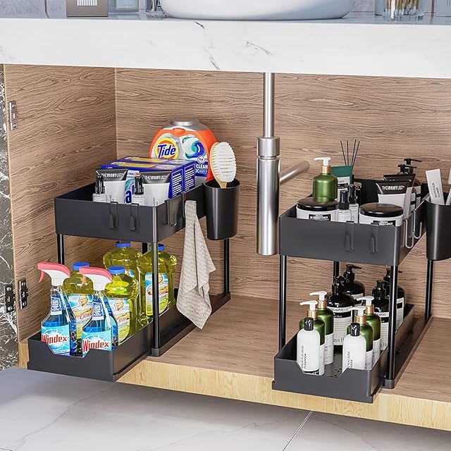Bnimtm Under Sink Storage 2 Pack Under Sink Storage Kitchen Organiser - Sliding Drawer Pull Out Under Sink Organiser with Hooks Cup for Kitchen Bathroom