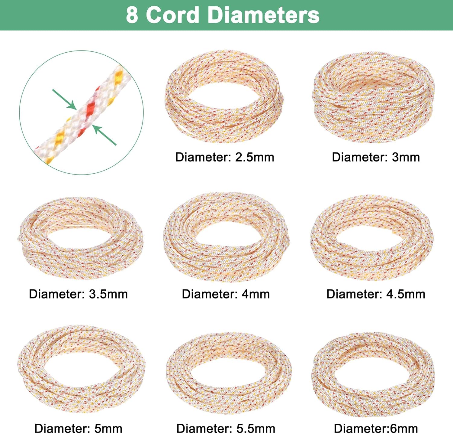 Recoil Starter Rope Pull Cord 5mm 100m Pull Starter Rope Nylon Pull Cord Pull Starter Rope for Mower/Chainsaw/Trimmer/Brush Cutter [White Red Yellow]