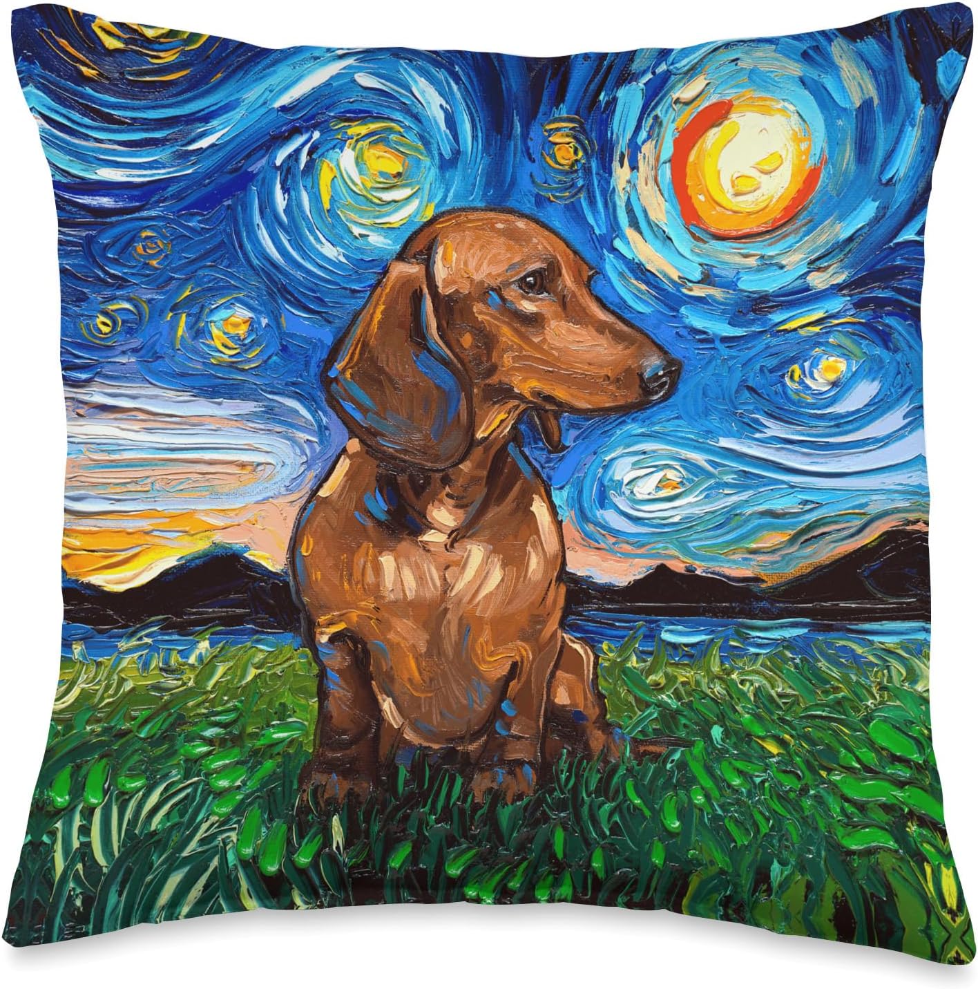 Brown Short Hair Dachshund Doxie Starry Night Dog Art by Aja Throw Pillow