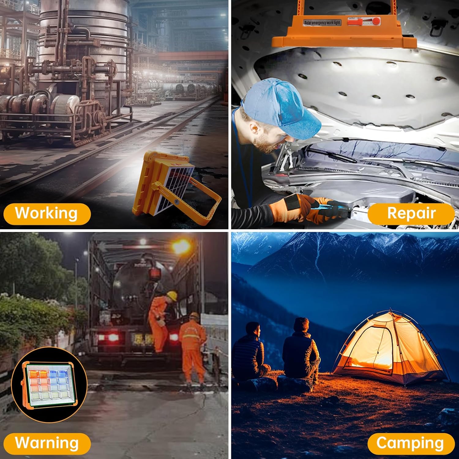 Solar Work Light with Stand - 100W Rechargeable Flood Lights Outdoor, 4 Modes Waterproof Outdoor LED Camping Lights 12000mAh, Cordless Floodlights for Camping, Emergency Power Failure,Car Repair,Fish