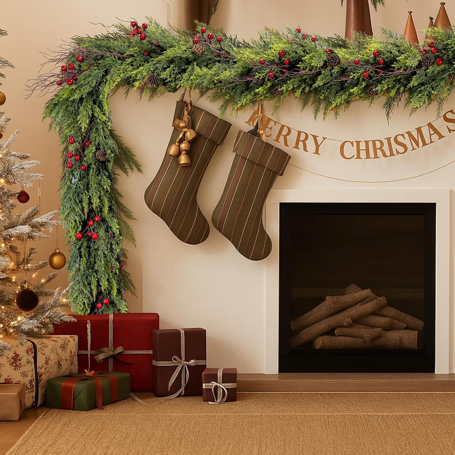 Faux Cedar Christmas Garland with Red Berries & Pine Cones – Full Faux Winter Greenery for Holiday Mantel, Staircase, Doorway, Indoor Outdoor Christmas Décor (9FT)