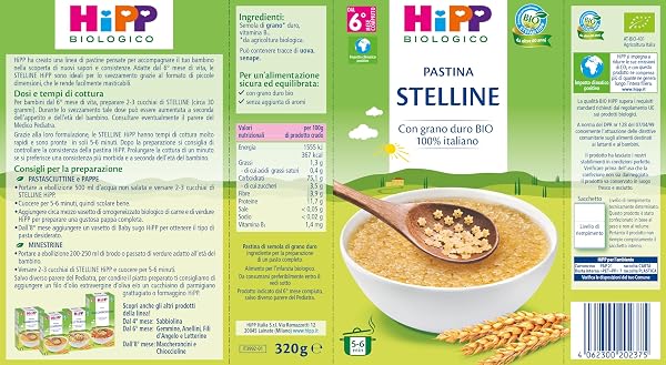HiPP - Pastina Bio, Stelline, 12 Confezioni da 320 g - 2