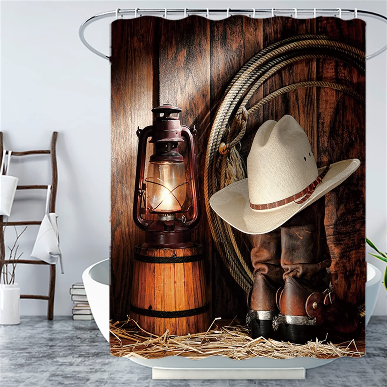 Zasłona prysznicowa, country, kowbojska, do łazienki, tekstylna, antybakteryjna, nadaje się do prania, z haczykami, szer. 200 x dł. 240 cm – 432 cm