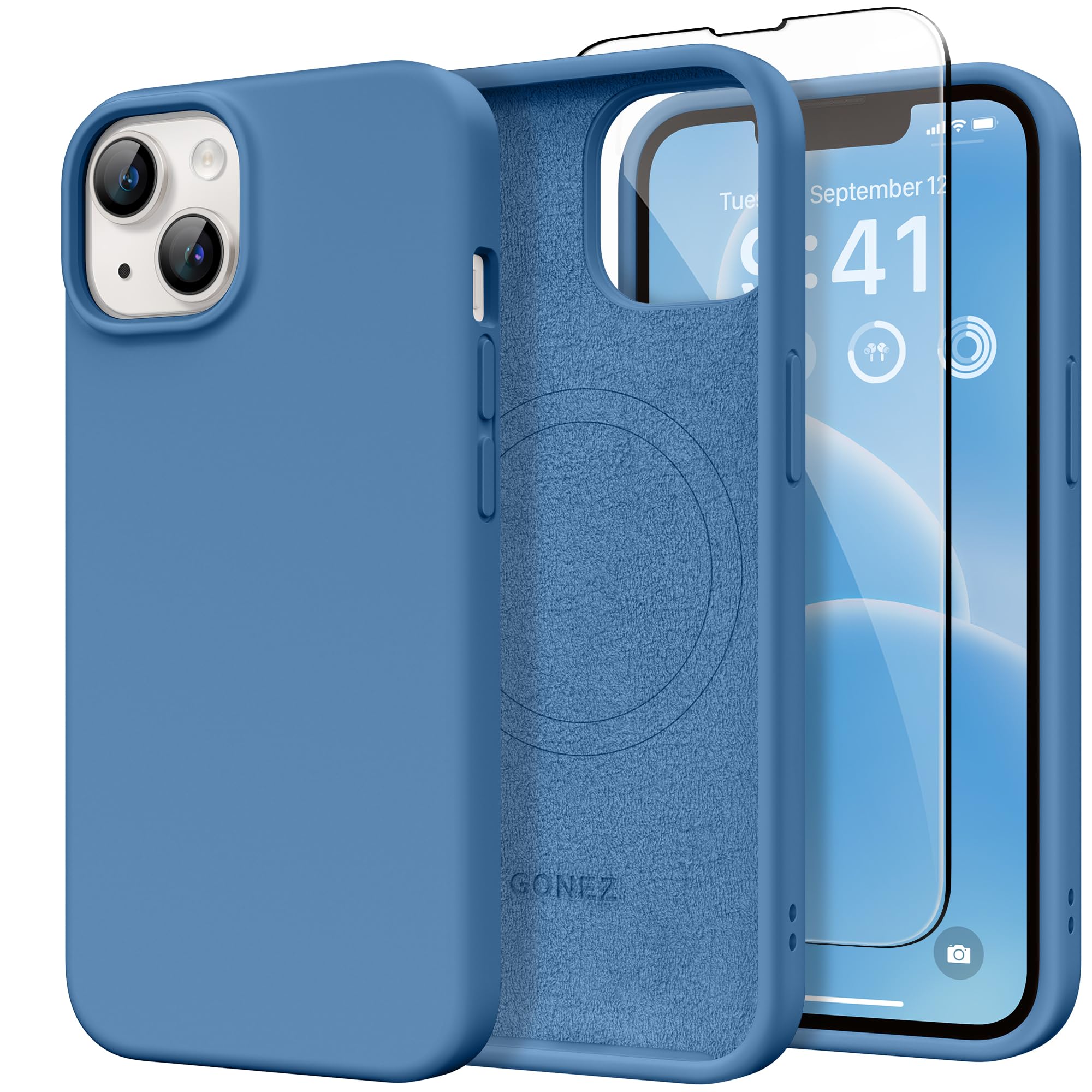 GONEZ Magnetic for iPhone 13/14 Case, Silicone Cover Lake Blue