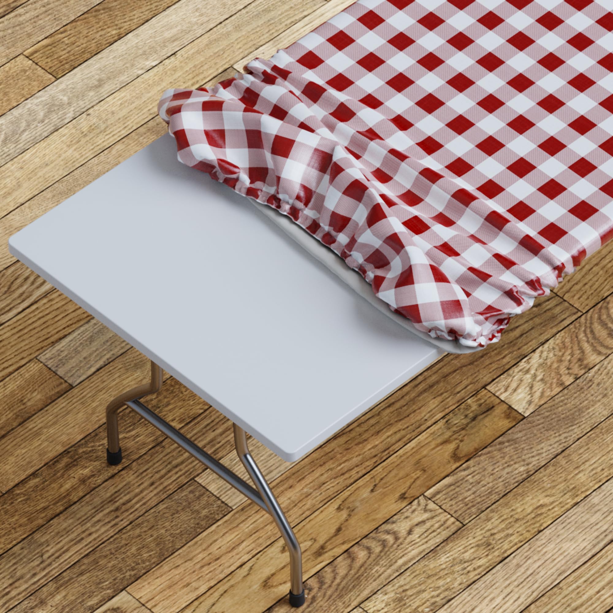 Sorfey Checkd Burgundy Tablecloth -Fitted With Elastic, Vinyl With Flannel Back, Fits For Table 96"X 30" Rectangle,Water Proof, Easy To Clean, Checked Burgundy Design