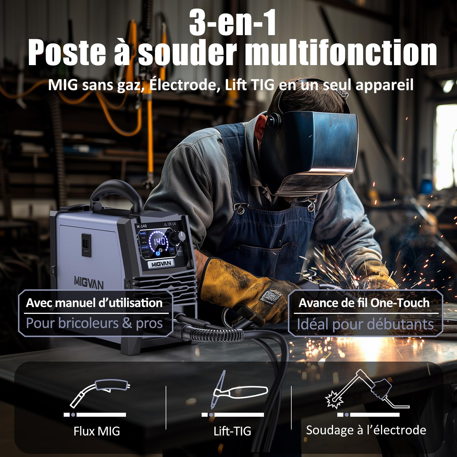 140A poste a souder fil fourré, 3-en-1 Flux MIG/MMA/LIFT-TIG