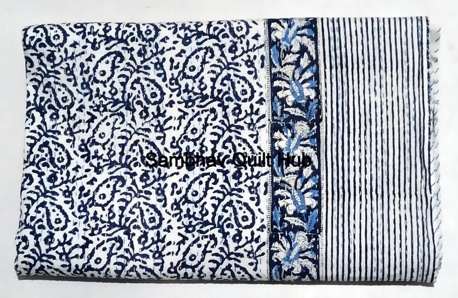 White Handblock Home Decor Quilt Floral Elephant Print Handmade Quilted Kantha Bedspread Boho Bedding Queen Size/King Size Bed Cover Block Throw Kantha Quilt
