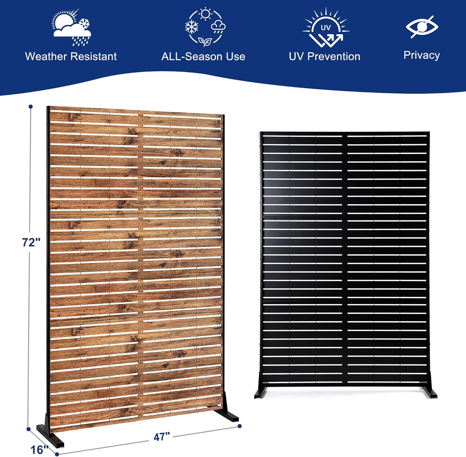 Metal Privacy Screen Outdoor 72" H×47" W Natural Wood Brown Patio Privacy Screen, Freestanding Decorative Privacy Screen for Deck Balcony Patio