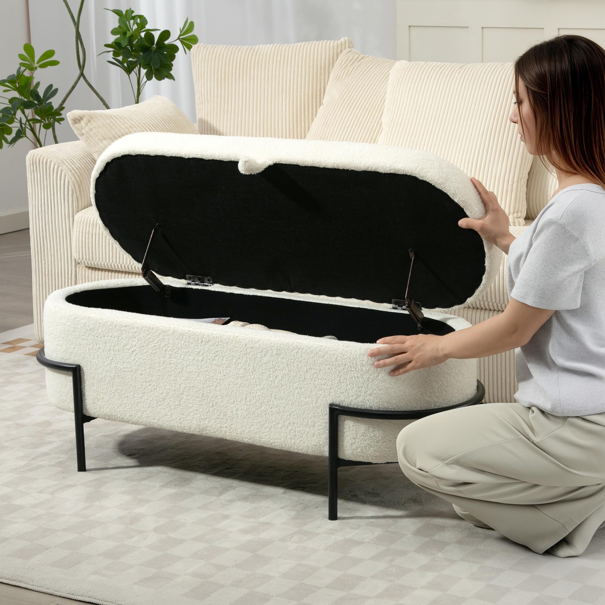 HOMCOM Banc de Rangement en Tissu Bouclette 114,5 x 40 x 48 cm Crème