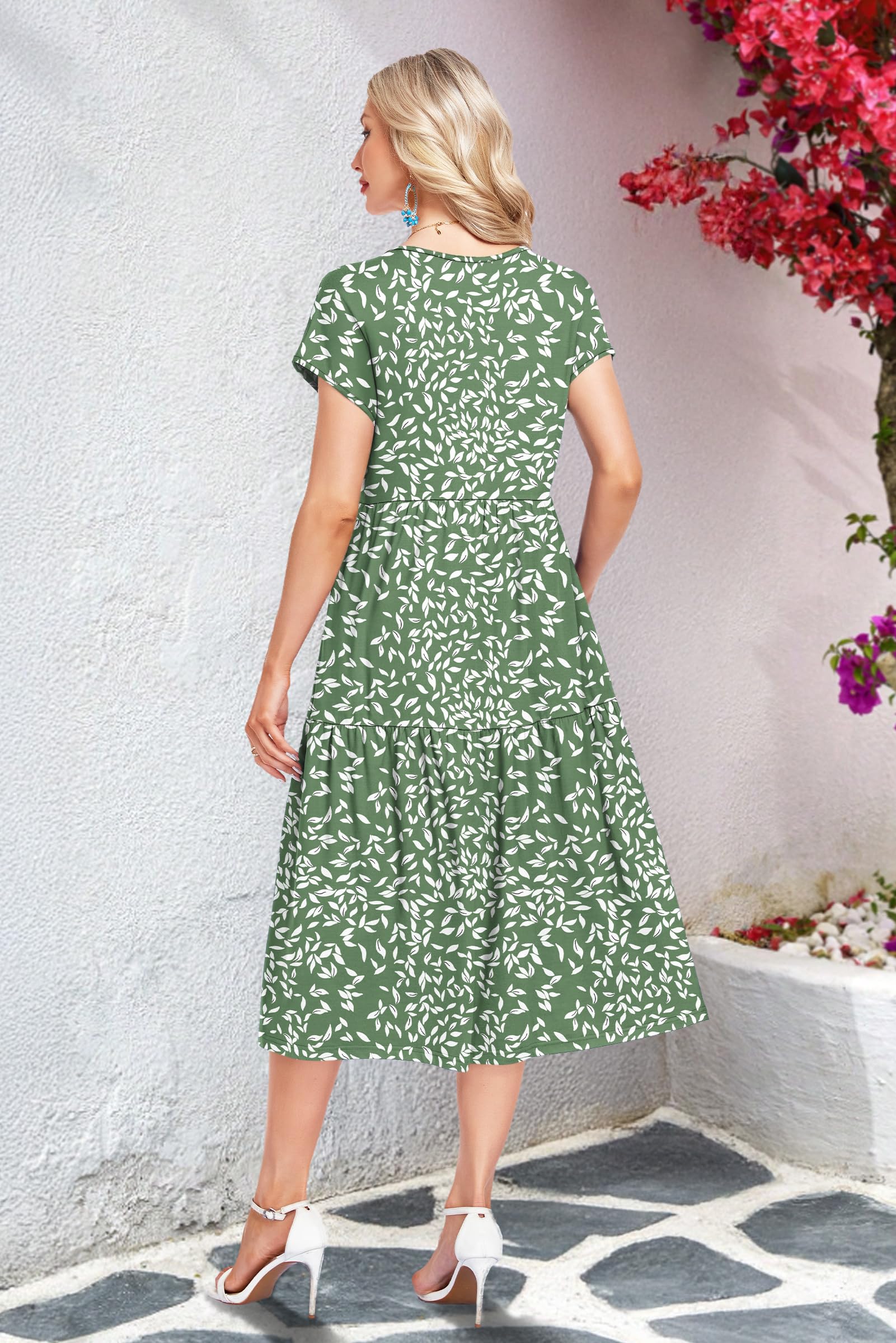 PLOKNRD Robe Longue Femme Été - Taille Haute, Col V, Manches Courtes avec Poches - Volants en Jersey Infroissable