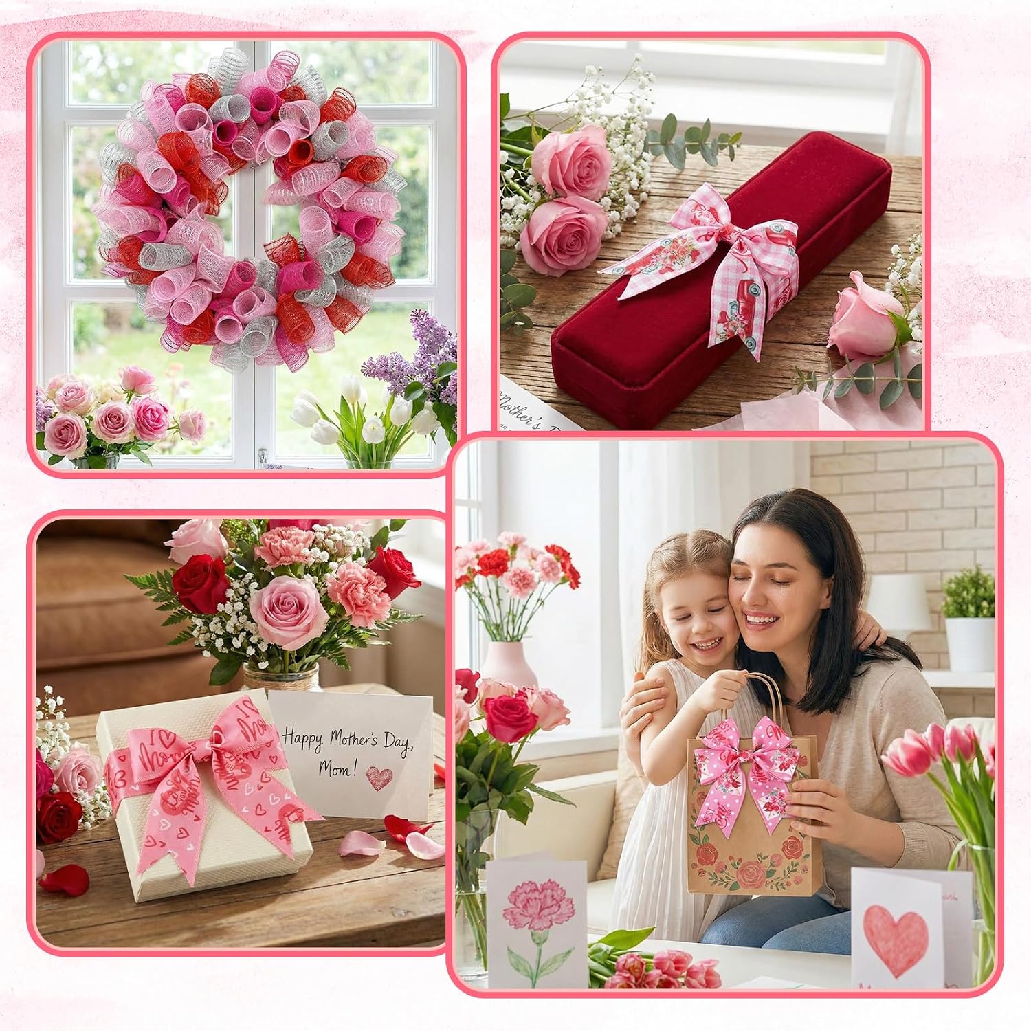 10 Pcs Mother's Day Ribbon 4 Rolls Mesh Ribbon and 6 Rolls Pink Heart Burlap Wired Edge Wreath Metallic Wreath Wrapping Happy Mother's Day Love You Mom Floral for Party Decorative DIY Crafts