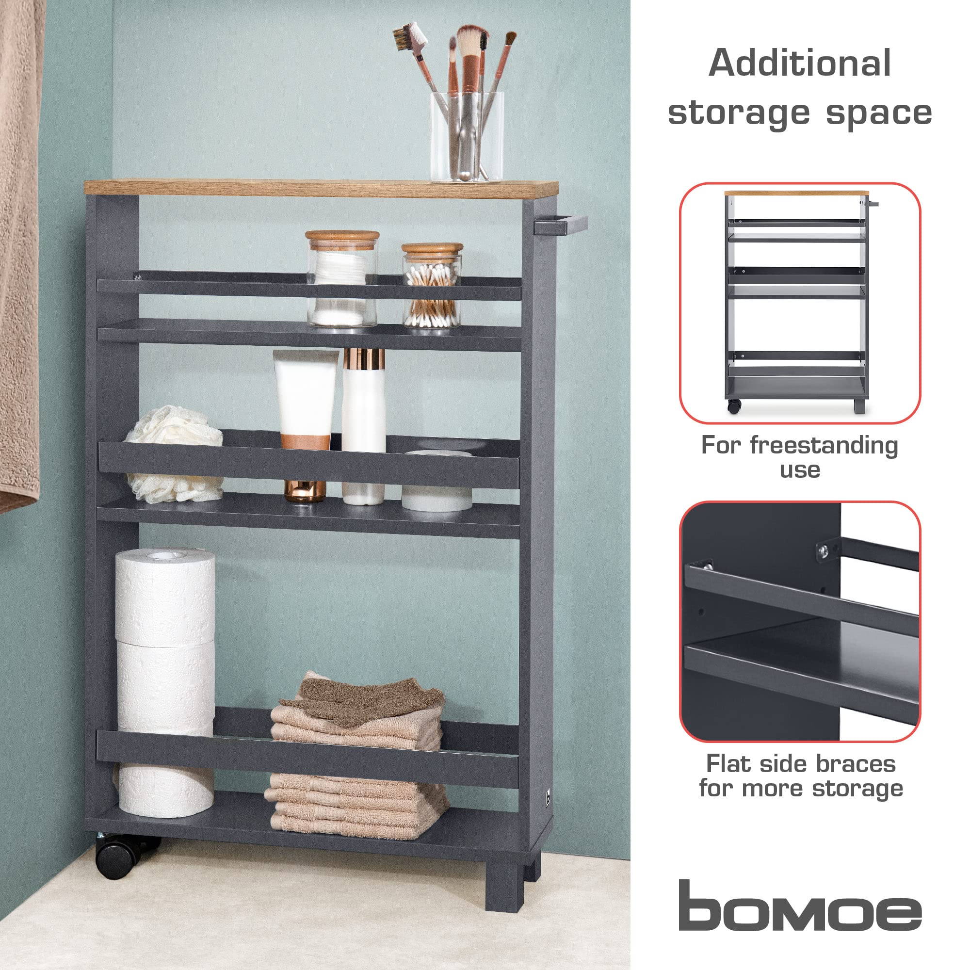 bomoe Carrello da Cucina Antracite Quercia Hylla - scaffale da Cucina 50x79x15 cm - Carrello con Ruote, 3 ripiani e piano lavoro in legno FSC® - Carrello da portata - mobile da Cucina e da Bagno
