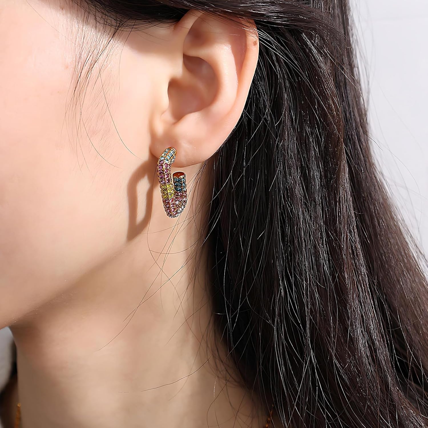 Colorful Crystal C Hoop Earrings for Women – Gold Plated Geometric Stud Earrings with Multicolor Cubic Zirconia – Statement Jewelry Gift