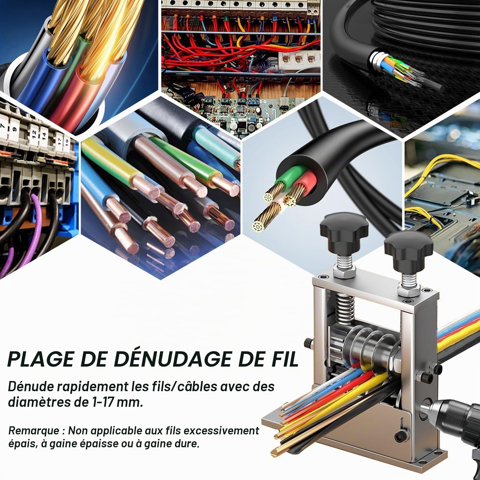 Machine à Dénuder le Câble Électrique, Dénudeur de Câble Électrique & Manuel avec 6 Canaux et 5 Lames, pour Câbles 3 à 17 mm, Denudeuse de Cable pour le Recyclage des Fils