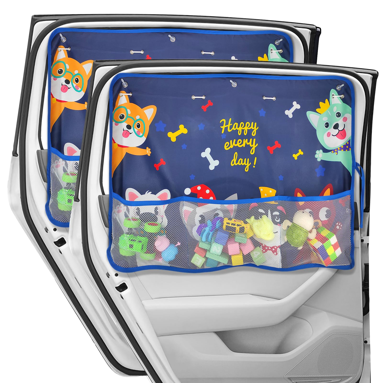 2 Pack Car Window Shade for Baby, Blackout Car Sun Shades with Storage Pockets, 7 Suction Cups, Blue, Cute Patterns for Sun/Heat/UV Rays Protection, Standard Passenger Cars