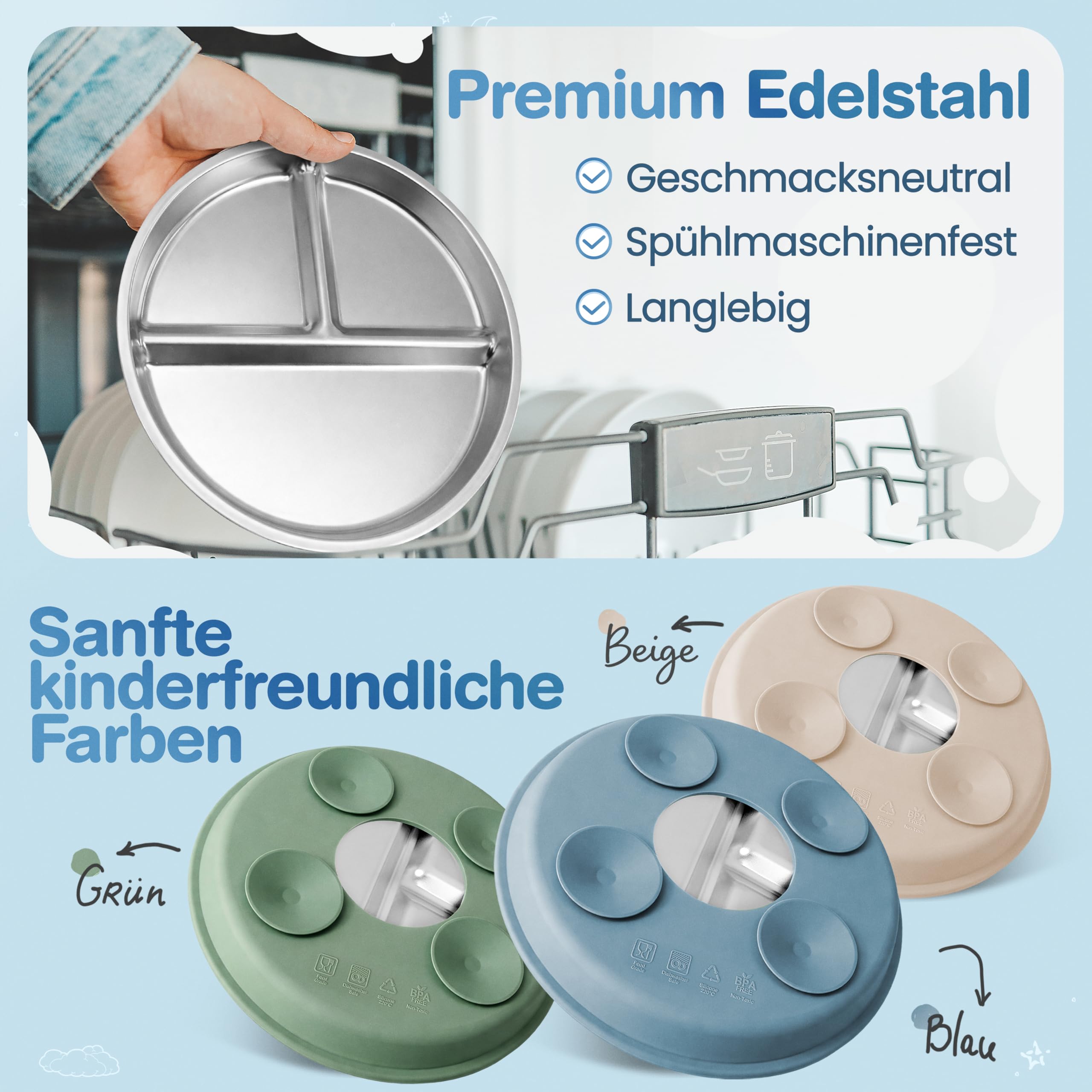 Mutkind® 3x Baby Teller mit Saugnapf - (Extra Starker Halt) Edelstahl Kinderteller - Spülmaschinengeeignet - Rutschfester Babyteller mit Saugnapf - Beikost Baby Zubehör - Hochwertiges Kindergeschirr