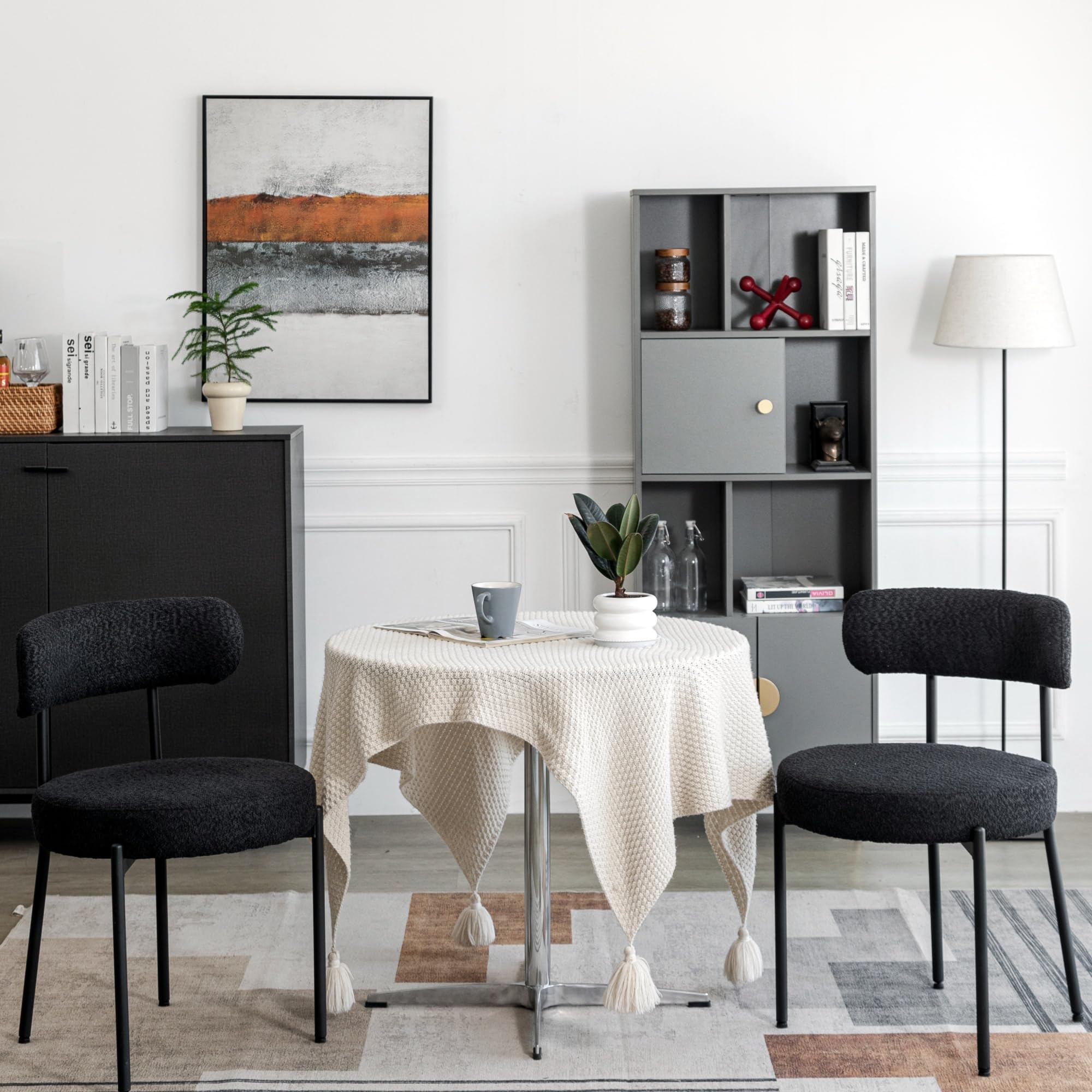 DYHOME Black Dining Chairs Set of 2, Upholstered Kitchen Dining Room Chairs, Mid Century Modern Boucle Chairs for Living Room, Bedroom with Black Metal Legs