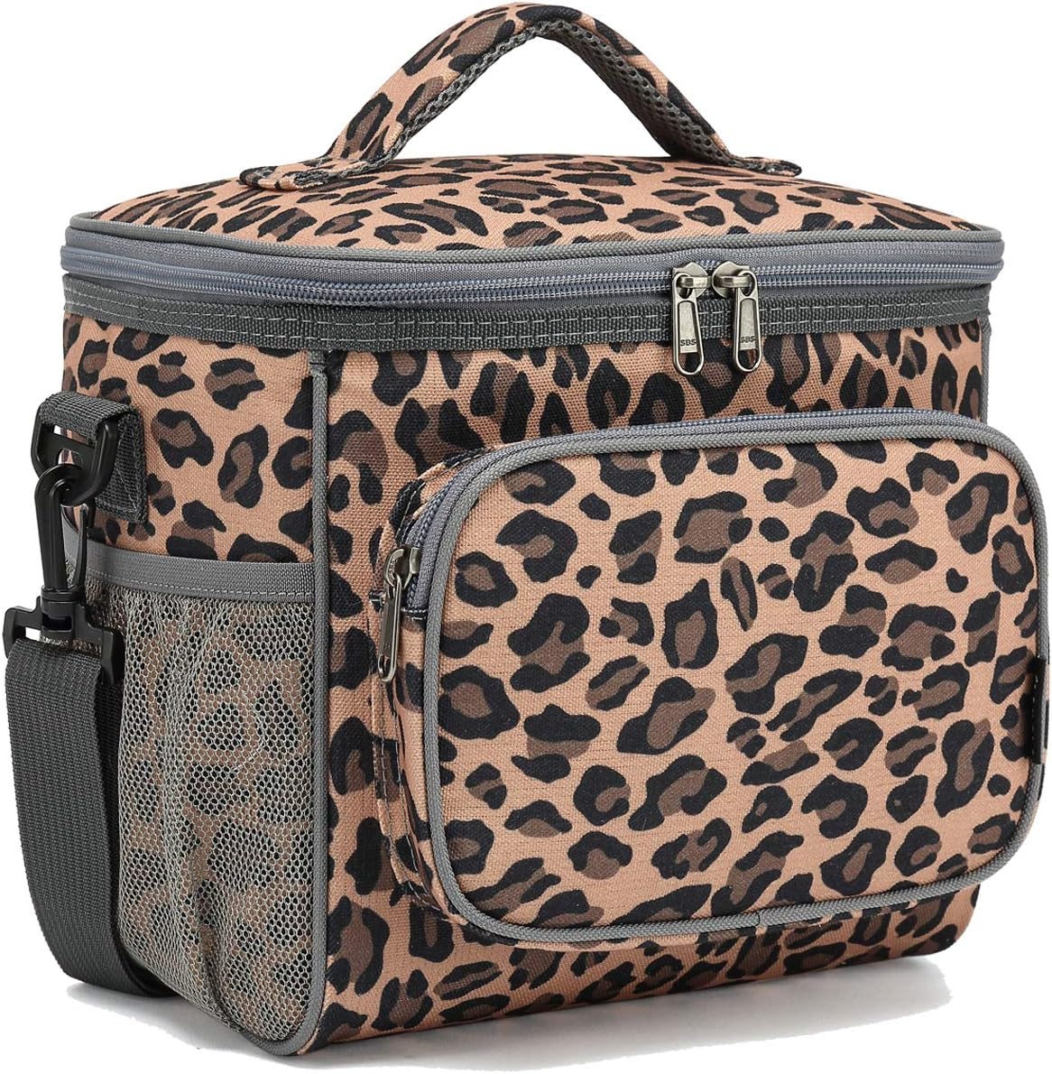 FlowFly Insulated Reusable Lunch Bag Adult Large Lunch Box for Women and Men with Adjustable Shoulder Strap,Front Zipper Pocket and Dual Large Mesh Side Pockets,Leopard