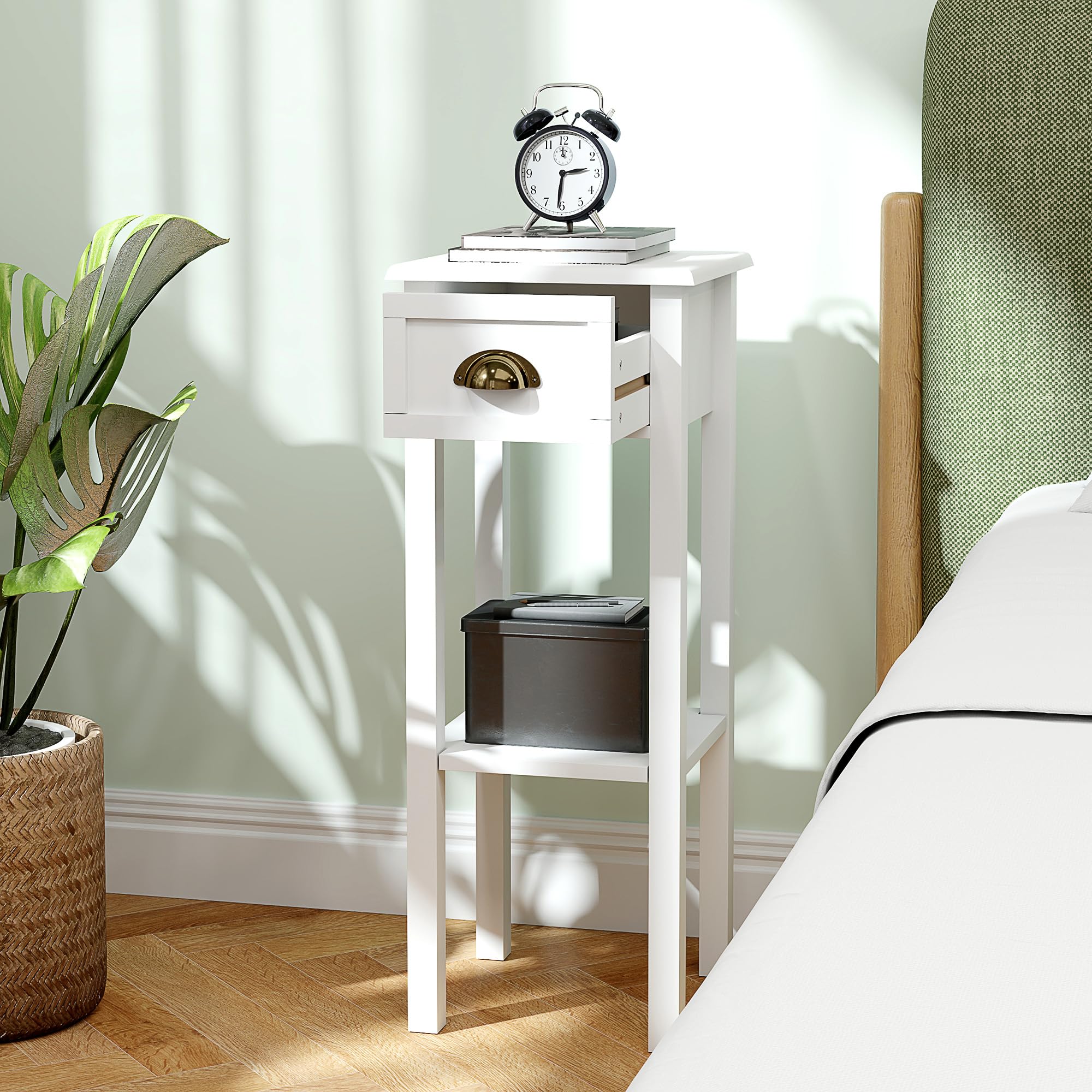 HOMCOM Juego de 2 Mesas Auxiliares Modernas, Mesas Auxiliares para Sofá, con Cajón y Estante, Mesitas de Noche para Salón, Dormitorio, 30x30x75 cm, Blanco