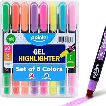 Pointer Highlighter School Set -Journaling Highlighters- 8 Count,Multicolor | Twistable Smooth Design, Paper-Safe, No-Bleed, Smear Resistant, Smooth Glide, 8 mm Tip, Plastic Storage Case