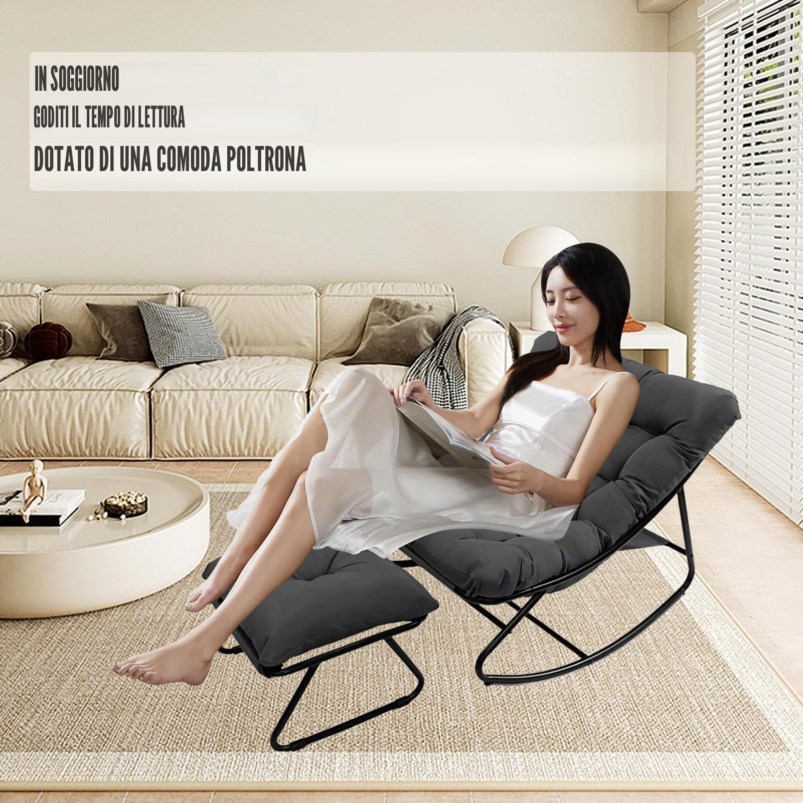 Poltrona a Dondolo da Esterno, Sedia a Dondolo da Esterno con Pouf, Poltrona da Lettura a Salotto con Cuscino Imbottito, Portata 150kg, Rocking Chair per Salotto Terrazza Camera Studio (Grigio)
