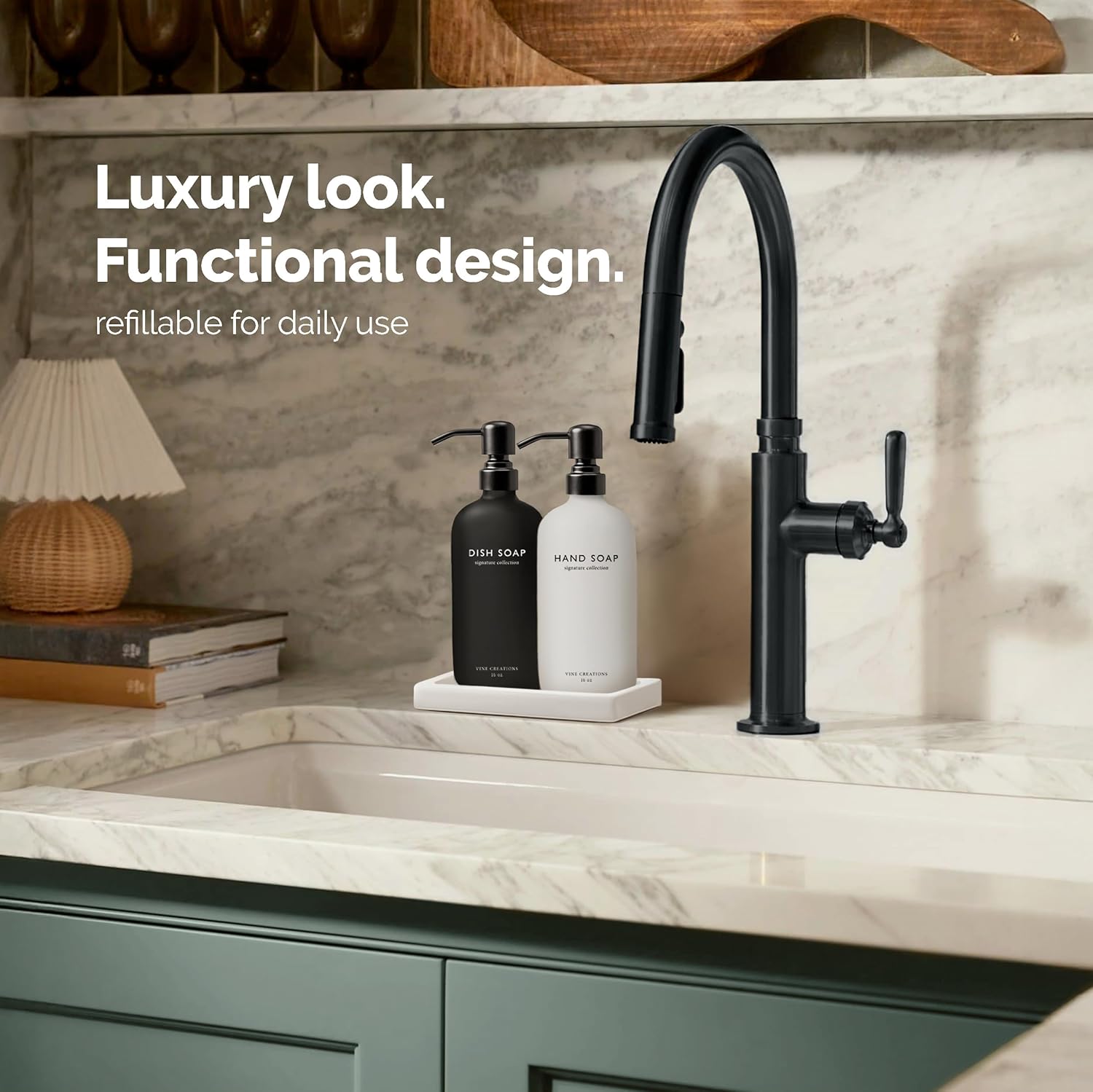 Vine Creations Glass Soap Dispenser Set, Kitchen Soap Dispenser Set with Ceramic Tray, 16 oz Dish Soap and Hand Soap Dispensers with Stainless Steel Pump Decor (White and Black Bottles/Matte Black) - Image 3