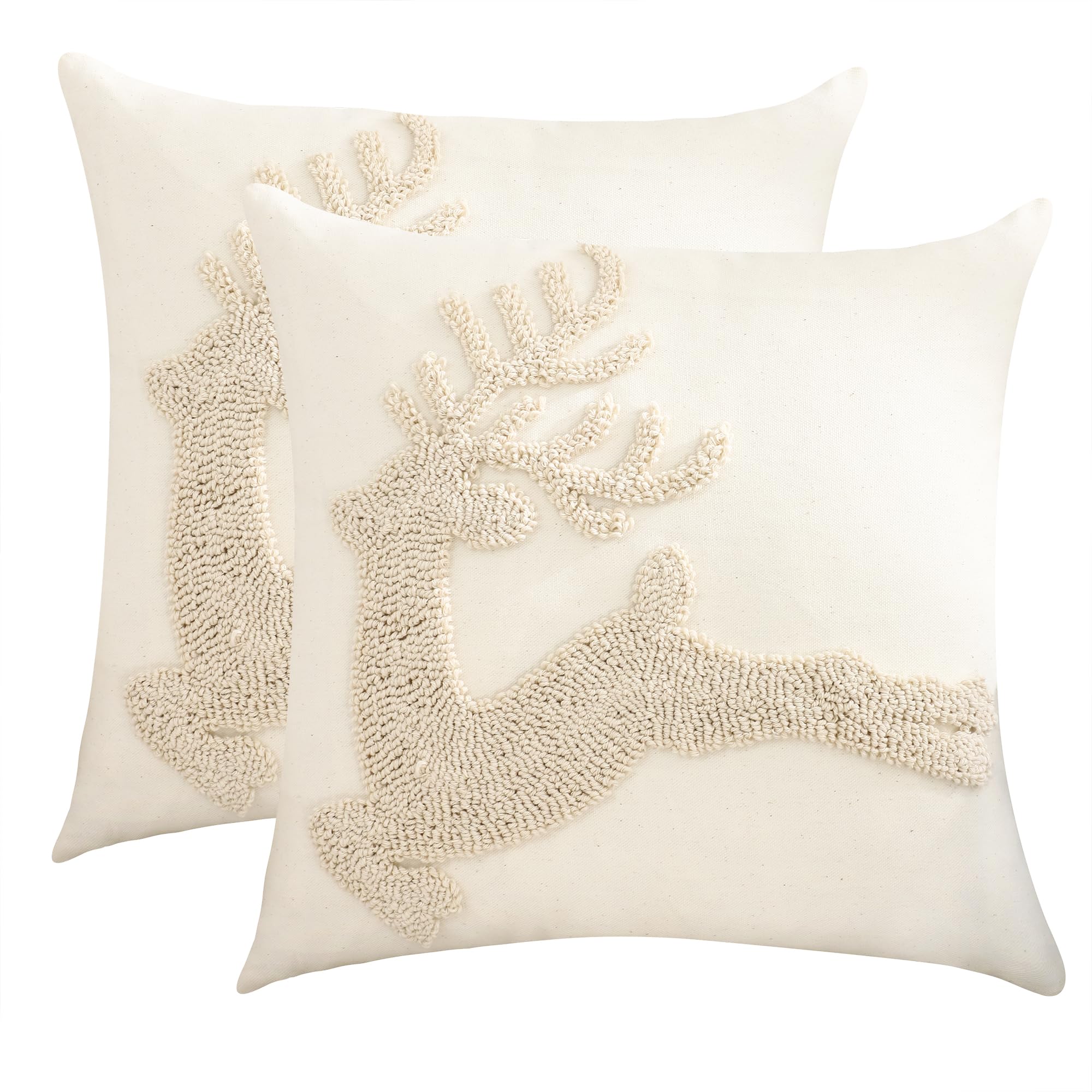 Tosleo Set of 2 Christmas Pillow Covers 18 x 18 inch Beige Christmas Deer Tufted Throw Pillow Covers Christmas Party Decor Winter Holiday Embroidery Cushion Case for Sofa Couch Bed Living Room