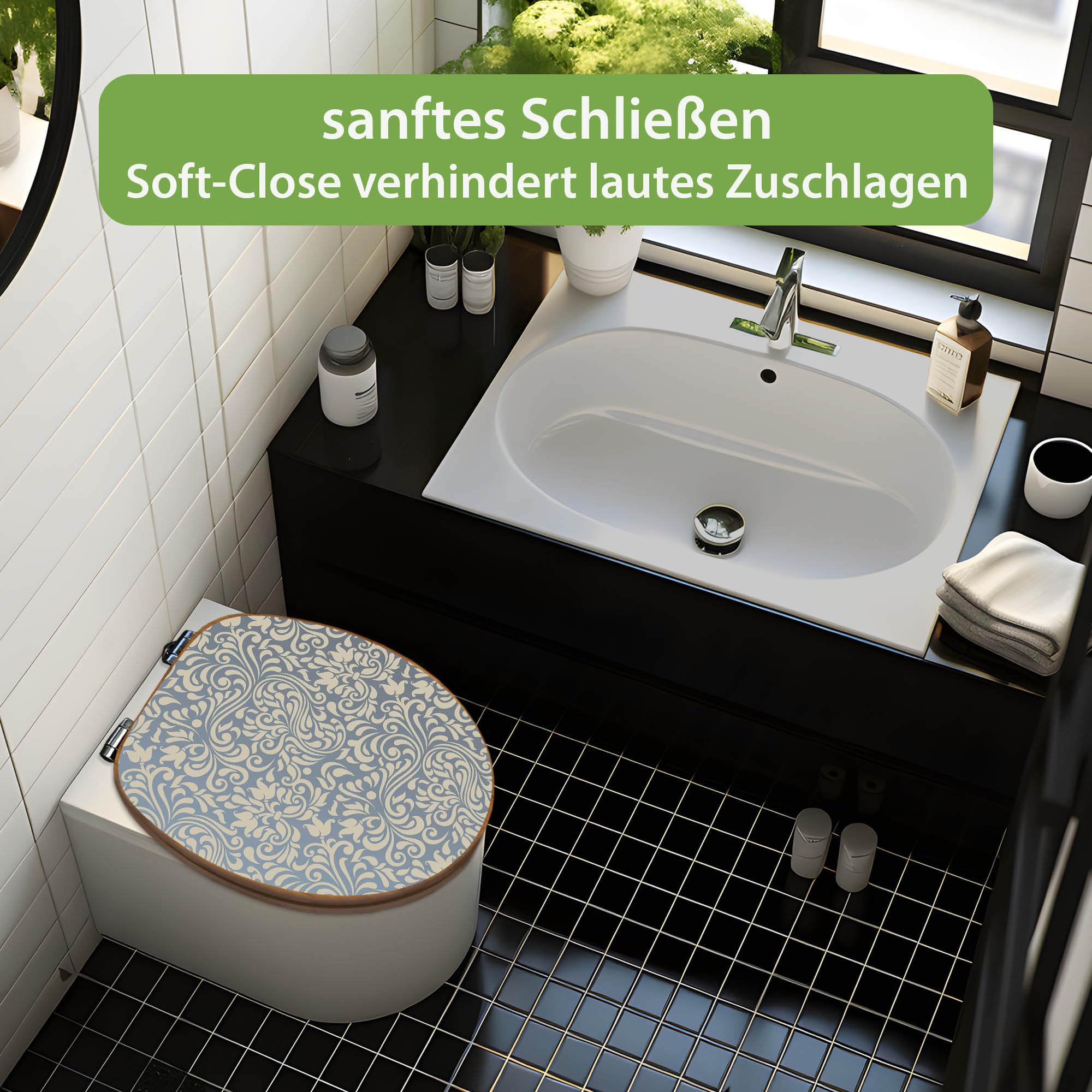 banjado Design WC Sitz Bambus Absenkautomatik 45,8x37,5cm - Toilettendeckel mit Absenkautomatik Holz - hochwertiger Bambus Klodeckel - WC-Sitz für gängigen Toiletten - Motiv Blaues Ornament