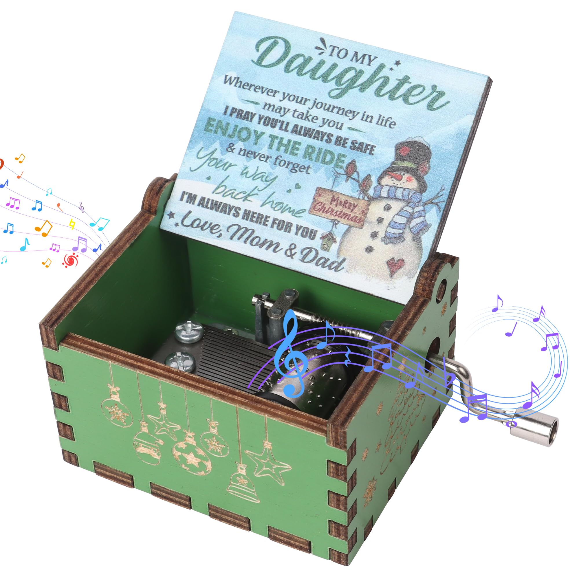 Businey Wooden Music Box for Daughter, Personalised Mini Music Box Gift from Mum Dad to my Daughter, Antique Carved Merry Christmas Hand Crank Melody Musical Box Xams Gift to My Daughter