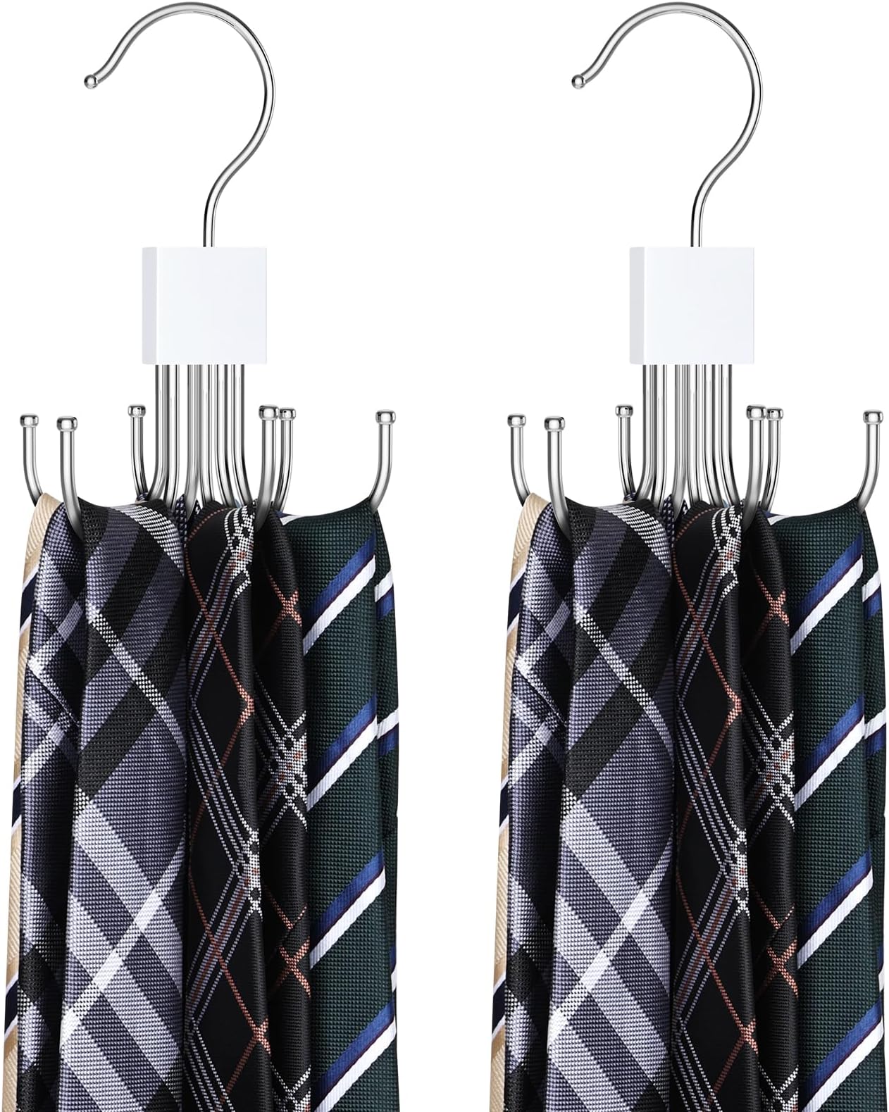 Tie Rack Hanger, Belt Hanger Organizer for Closet 360° Rotatable Max 24 Ties/24 Belts Storage Space Saving Closet Organizers and Storage for Belt, Bra, Tank Top, Tie, Scarf, Purse 2Pcs White