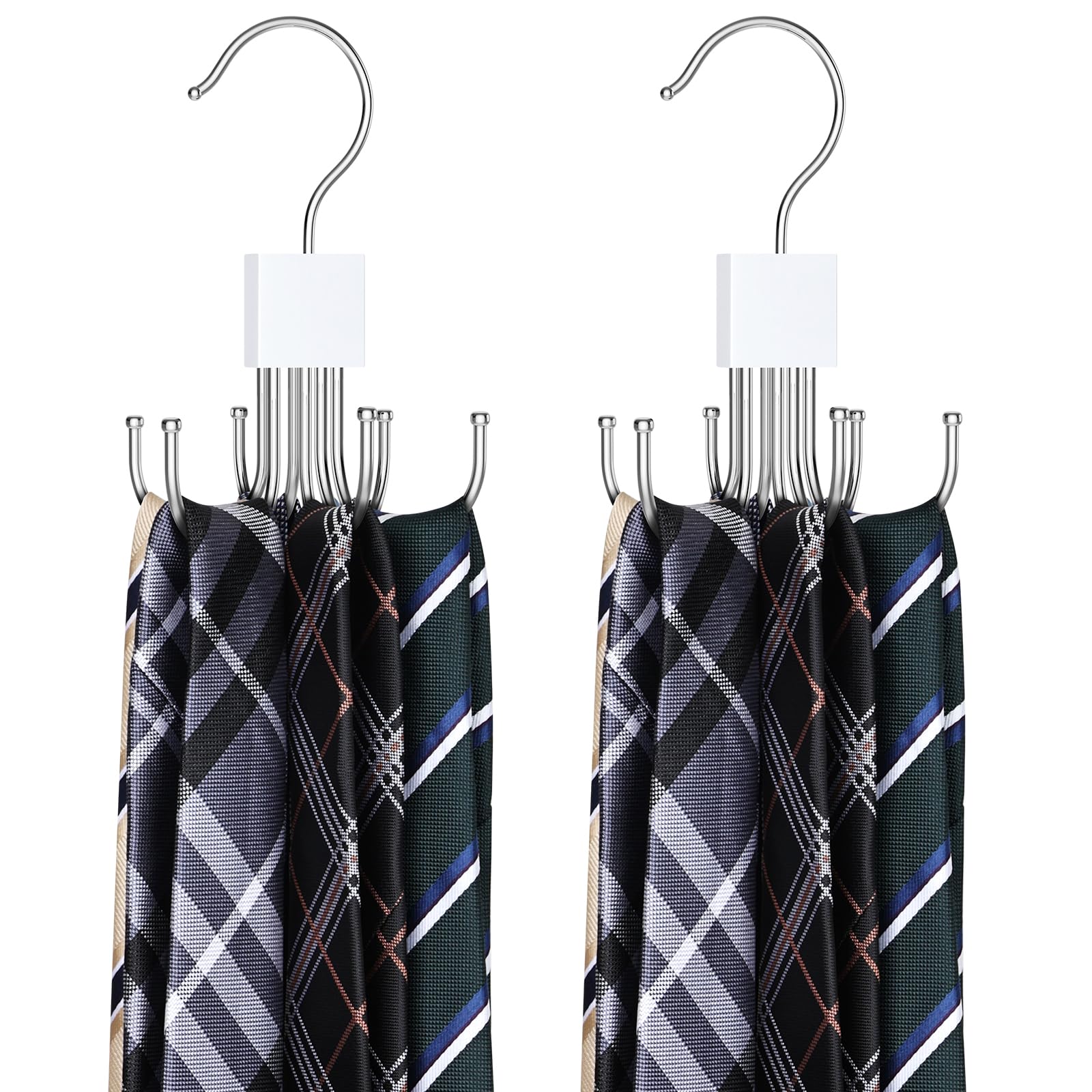 Tie Rack Hanger, Belt Hanger Organizer for Closet 360° Rotatable Max 24 Ties/24 Belts Storage Space Saving Closet Organizers and Storage for Belt, Bra, Tank Top, Tie, Scarf, Purse 2Pcs White