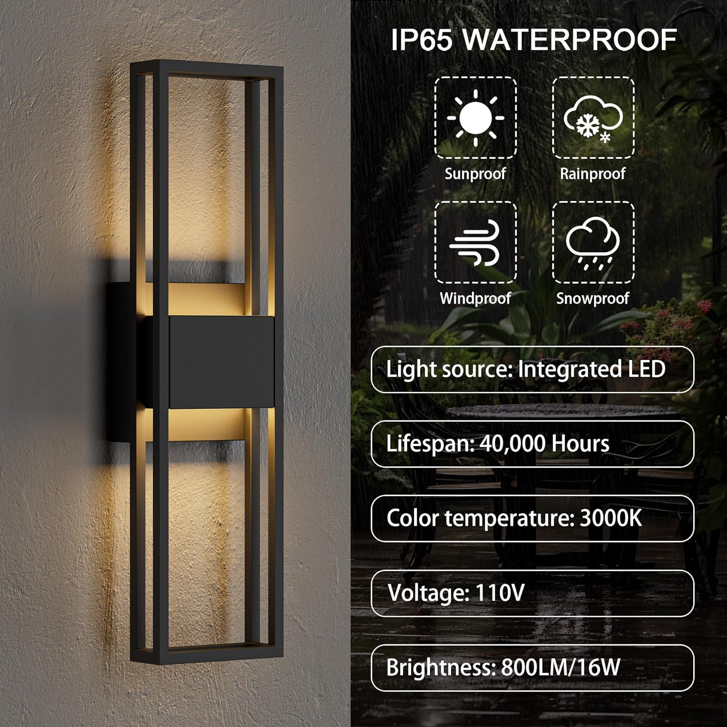 LamQee 20 Inch Modern Outdoor Wall Light 3000K 800LM 16W Integrated LED, IP65 Waterproof Matte Black Exterior Lighting Fixtures with Rectangle Shade, for House Porch Patio Garage Door Backyard Indoor