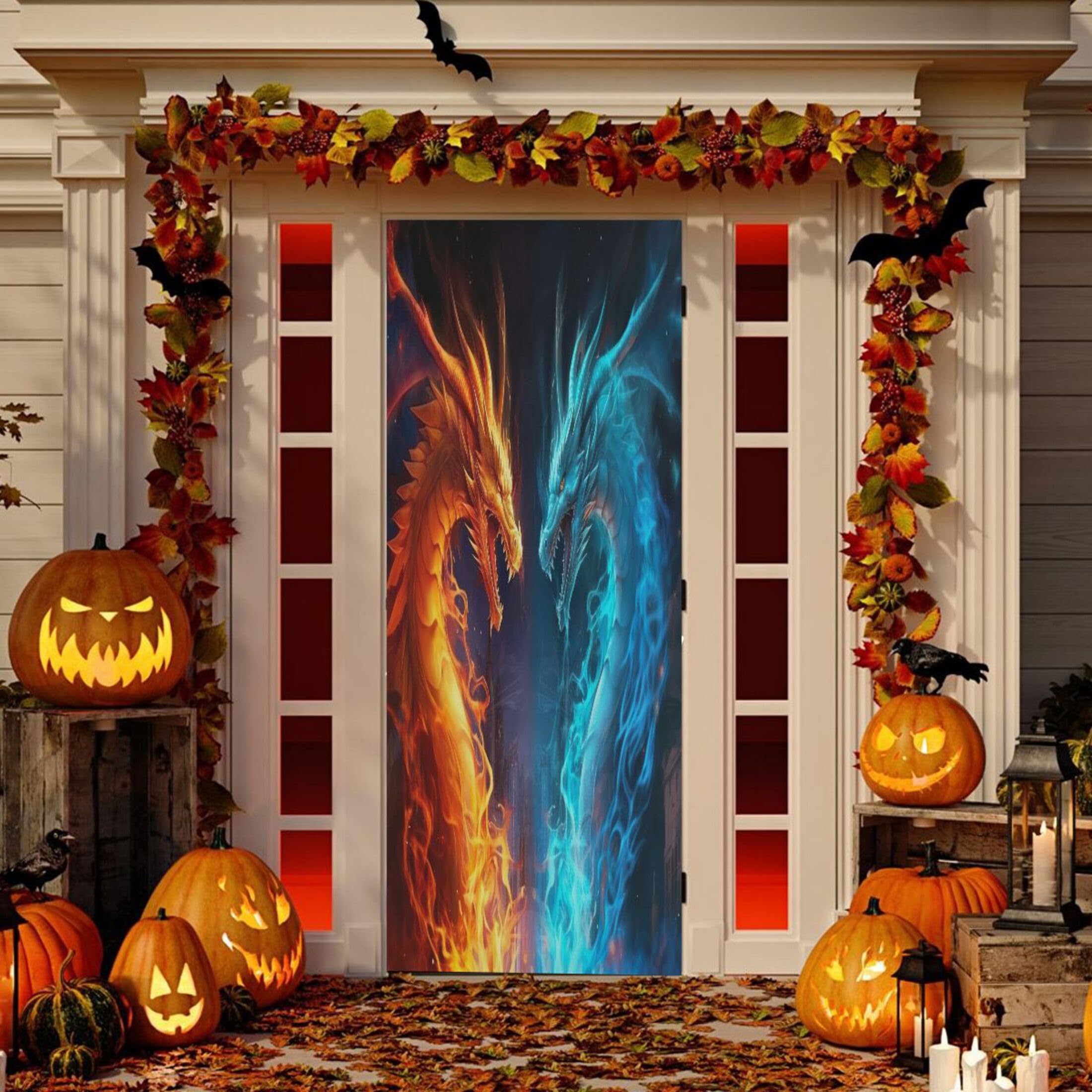 Housse de porte dragon feu et glace en tissu extensible, décor de fête 81x200 cm
