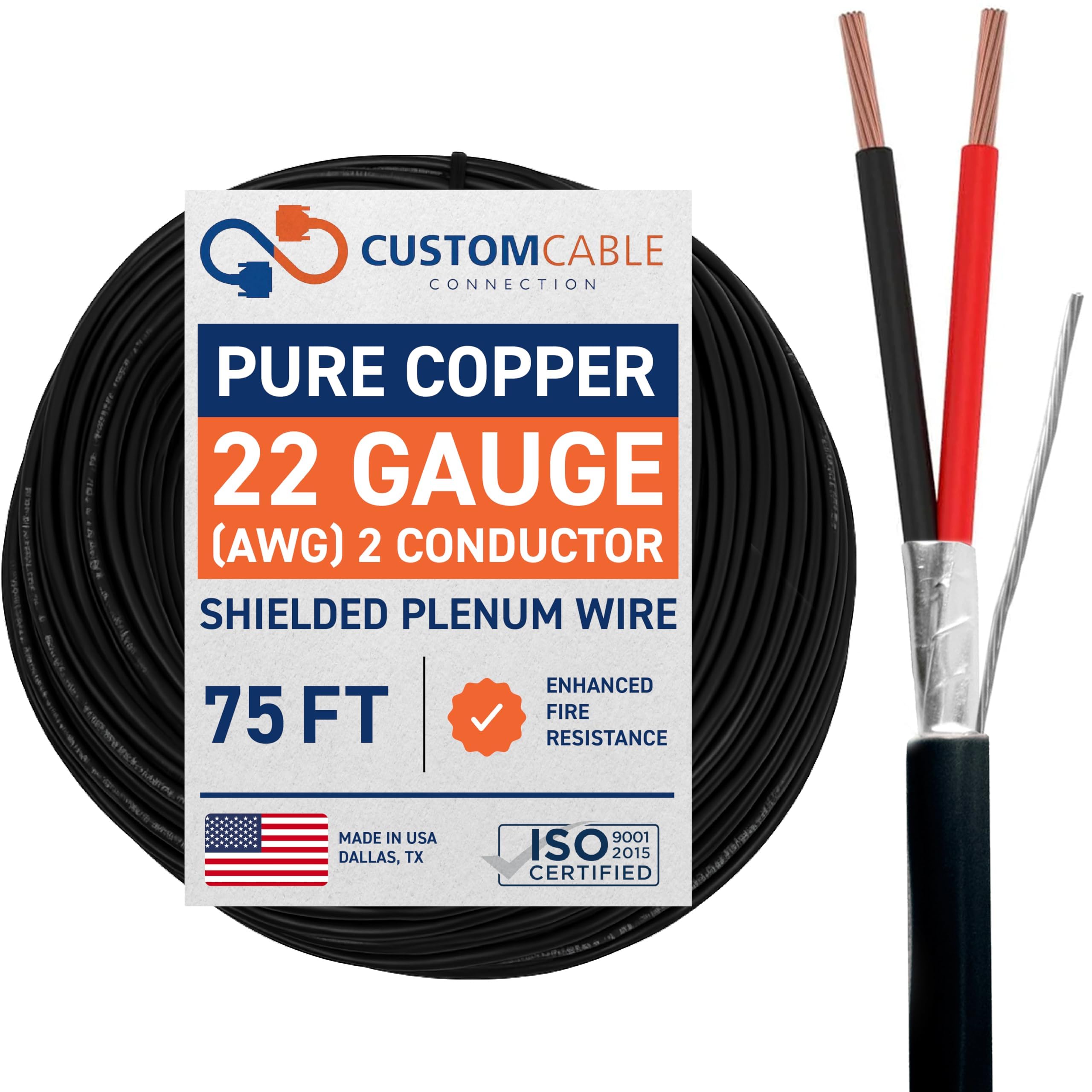 22 Gauge Wire (22 AWG) - 2 Conductor Stranded Copper Shielded Cable - UL Listed 22/2 Home Electrical Wire - Low Voltage Up to 300V - CL3P Low Smoke