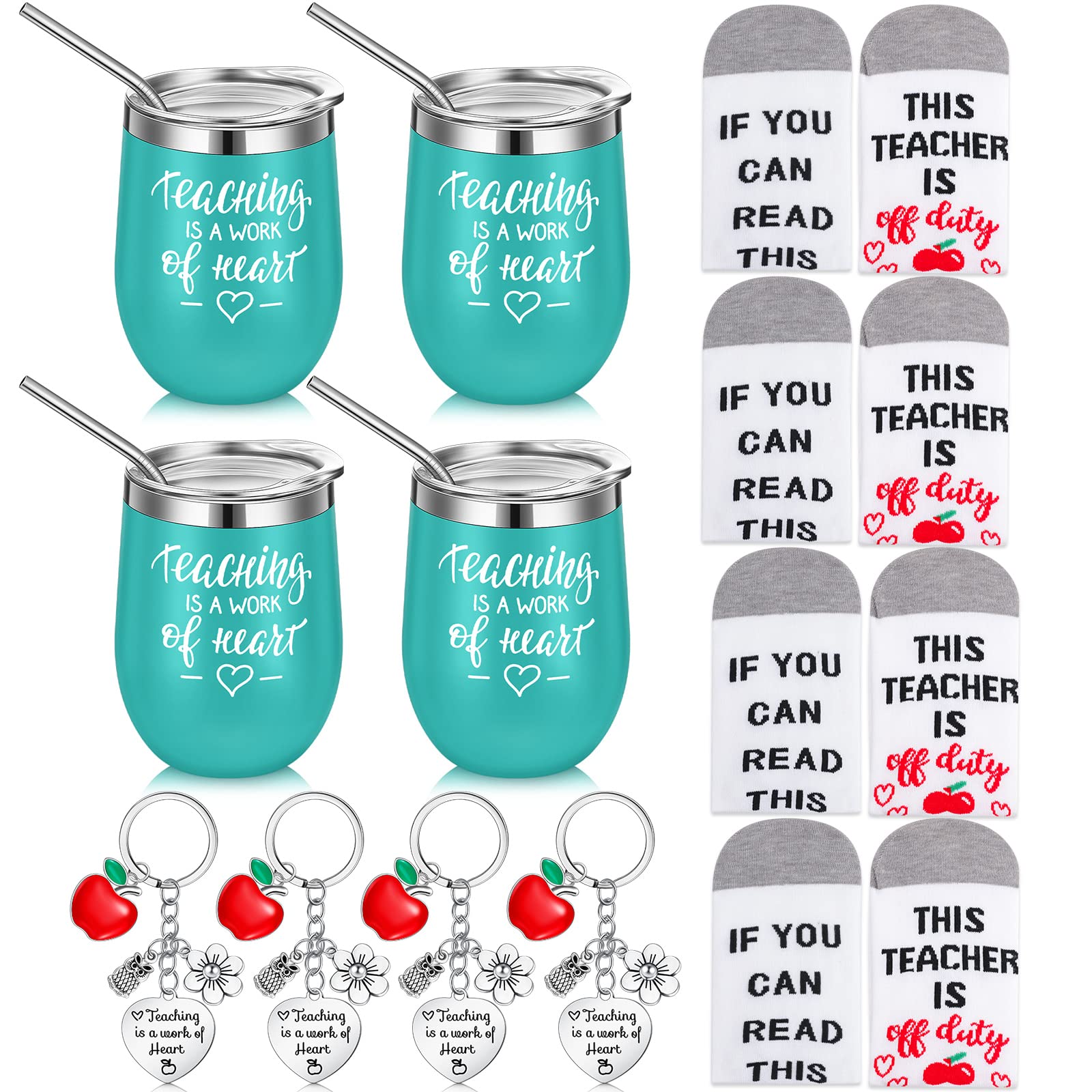Romooa 12 Pcs Teacher Appreciation Gifts Set 4 Teacher Tumbler Mugs 4 Keychains 4 Socks Best Teacher Gifts Thank You Teacher Gift for Women on Teachers' Day Christmas Birthday Teacher Retirement
