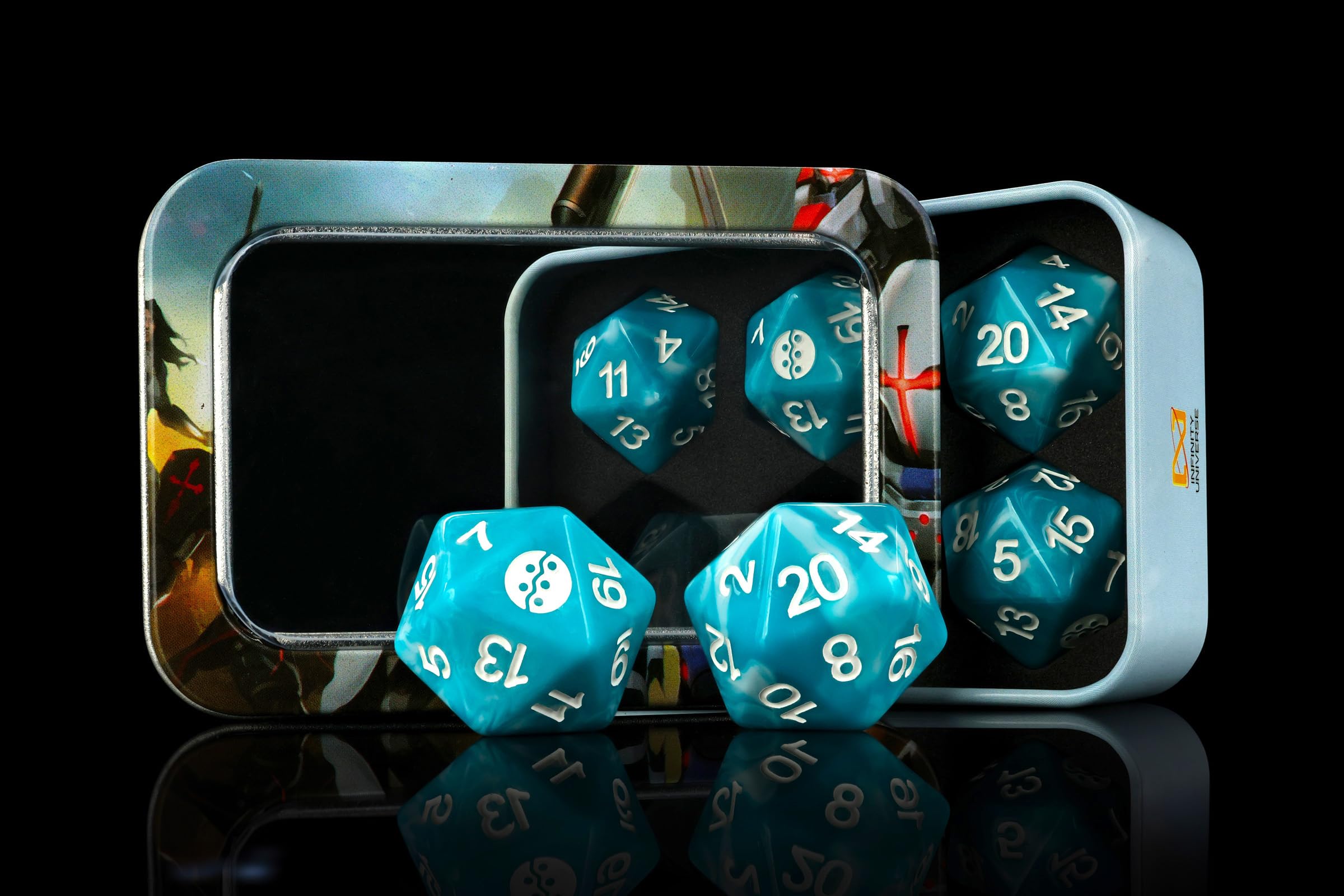 Infinity Dice: PanOceania (6-Pack) Official Wargaming Dice for Infinity: The Game, Oversized 22mm D20s, Stored in Reusable Metal Tins