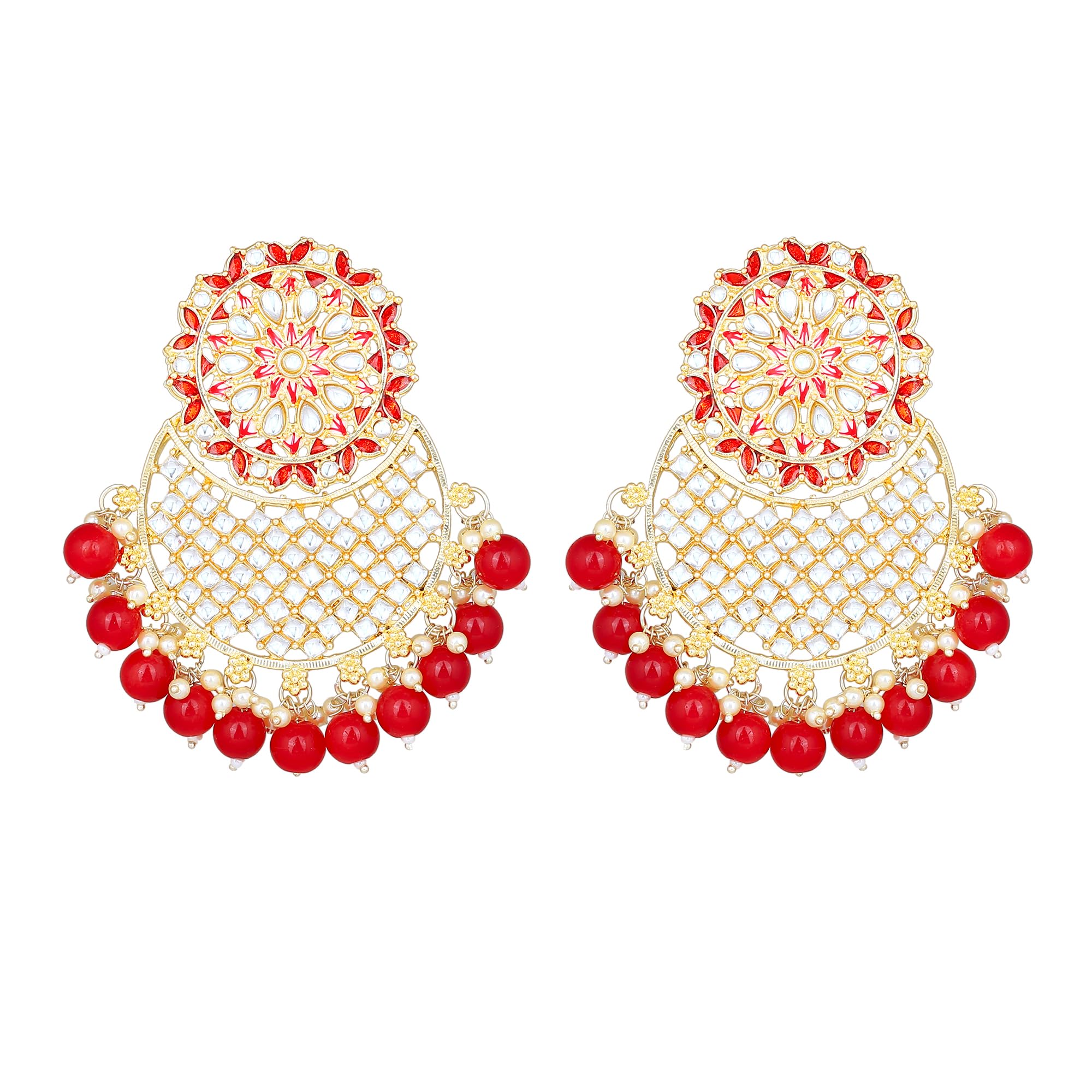 Gehena by Estele Gold Plated Fascinating Kundan Studded Drop Earrings with Ruby Beaded Pearls for Girls and Women