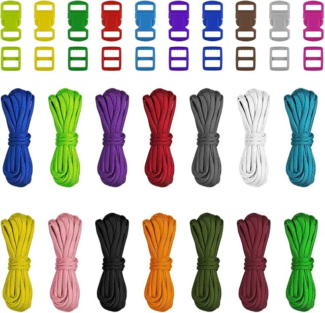 Matogle 14pcs Paracord Cords with 40pcs Buckles Para Cord Rope for Bracelet Making Parachute Ropes Kit Multicolor for Crafting Outdoor Activities Camping Climbing (4mm)