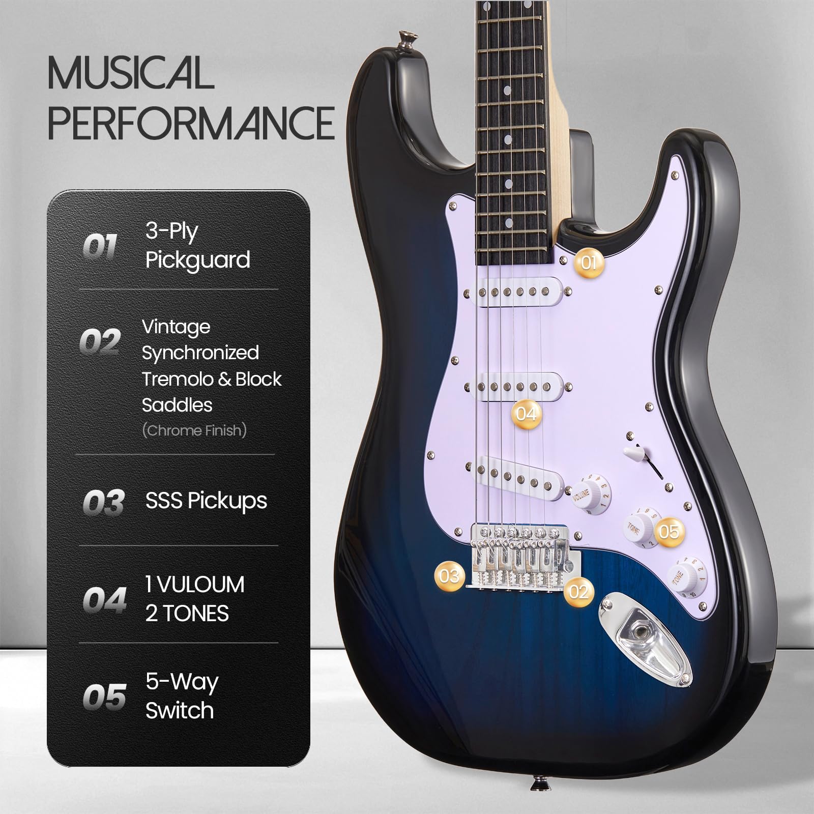 Starter kit per chitarra elettrica da 99 cm, serie ST, completo con chitarra elettrica, amplificatore, tracolla, plettro, accordatore, corde, cavo e custodia per chitarra, adatto per