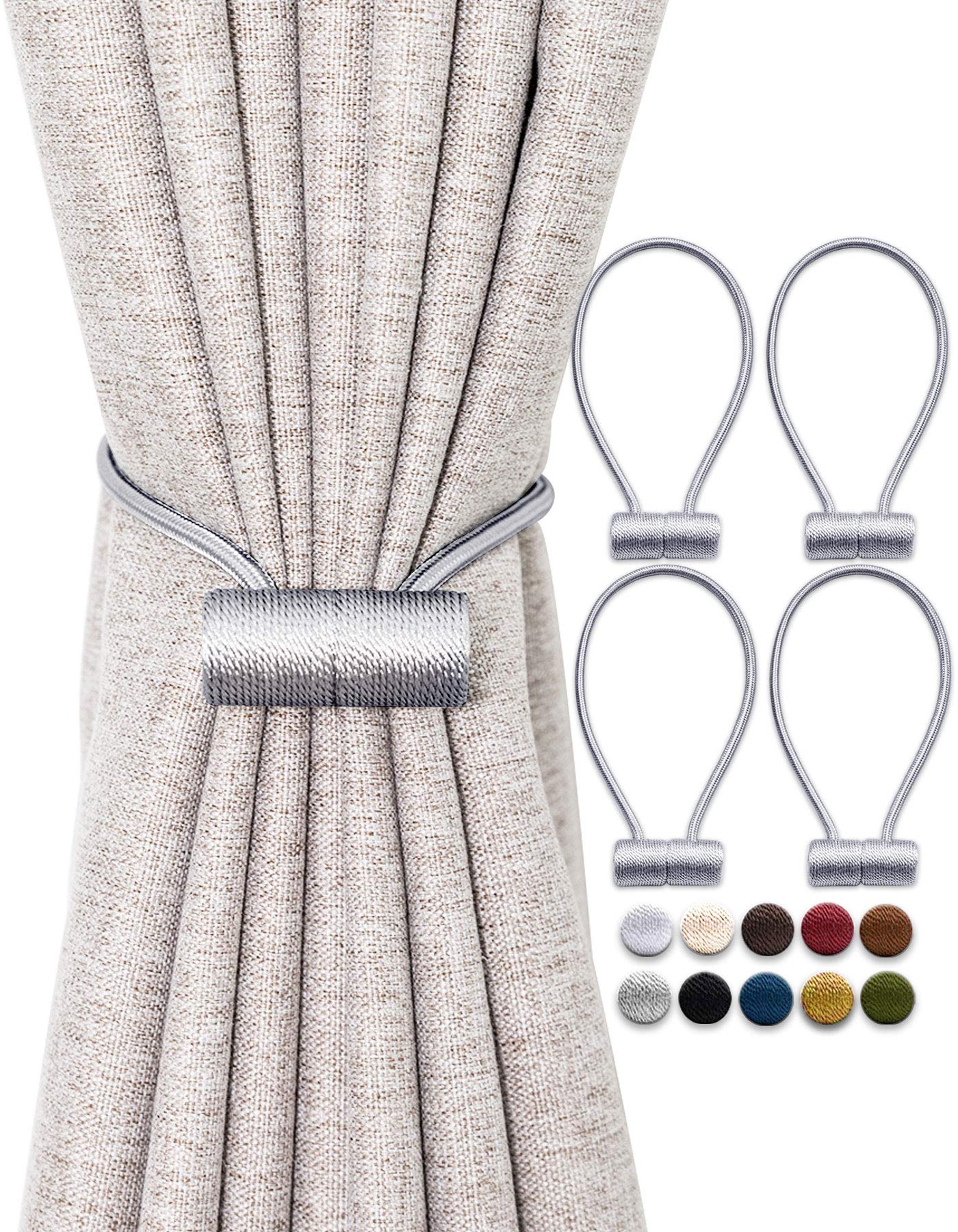 OUdini Curtain Tiebacks, Drapery Tiebacks Curtain Holdback Rope Curtain Holder Buckles for Blackout/Sheer Window Treatment/Sier Gray/4Pcs