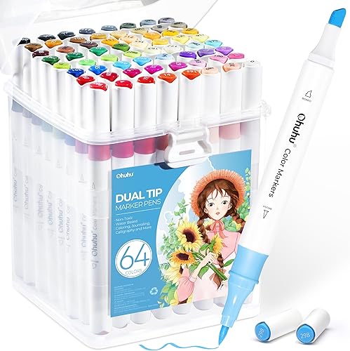 Ohuhu Markers for Adult Coloring Books 64 Colors Art Markers Dual Brush Chisel Tips Drawing Pens Water-Based Coloring Markers for Kids Adults