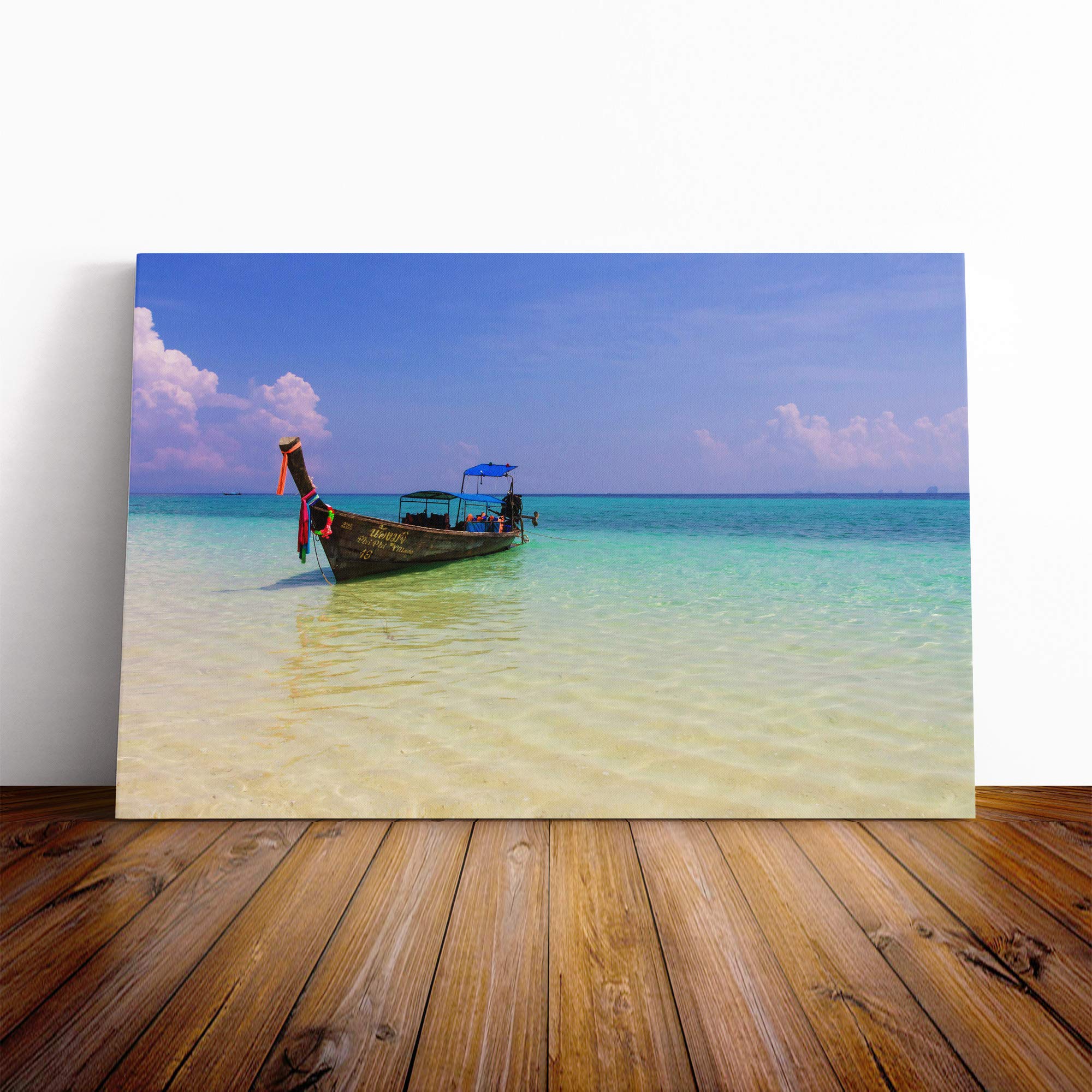 Longboat Boat in Thailand Seascape Canvas Print | Gallery Wrapped 30mm Frame Wall Art | 24x16 inches | Ready to Hang | Modern Seascape Picture | Living Room Bedroom Lounge Office
