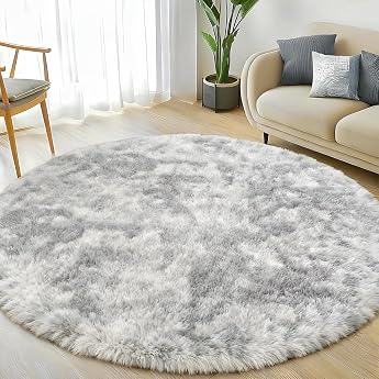 Homcomodar High Pile Rug Round 120 cm Grey Living Room Bedroom Rug Fluffy Non-Slip Rugs Childrens Room Fluffy Rugs