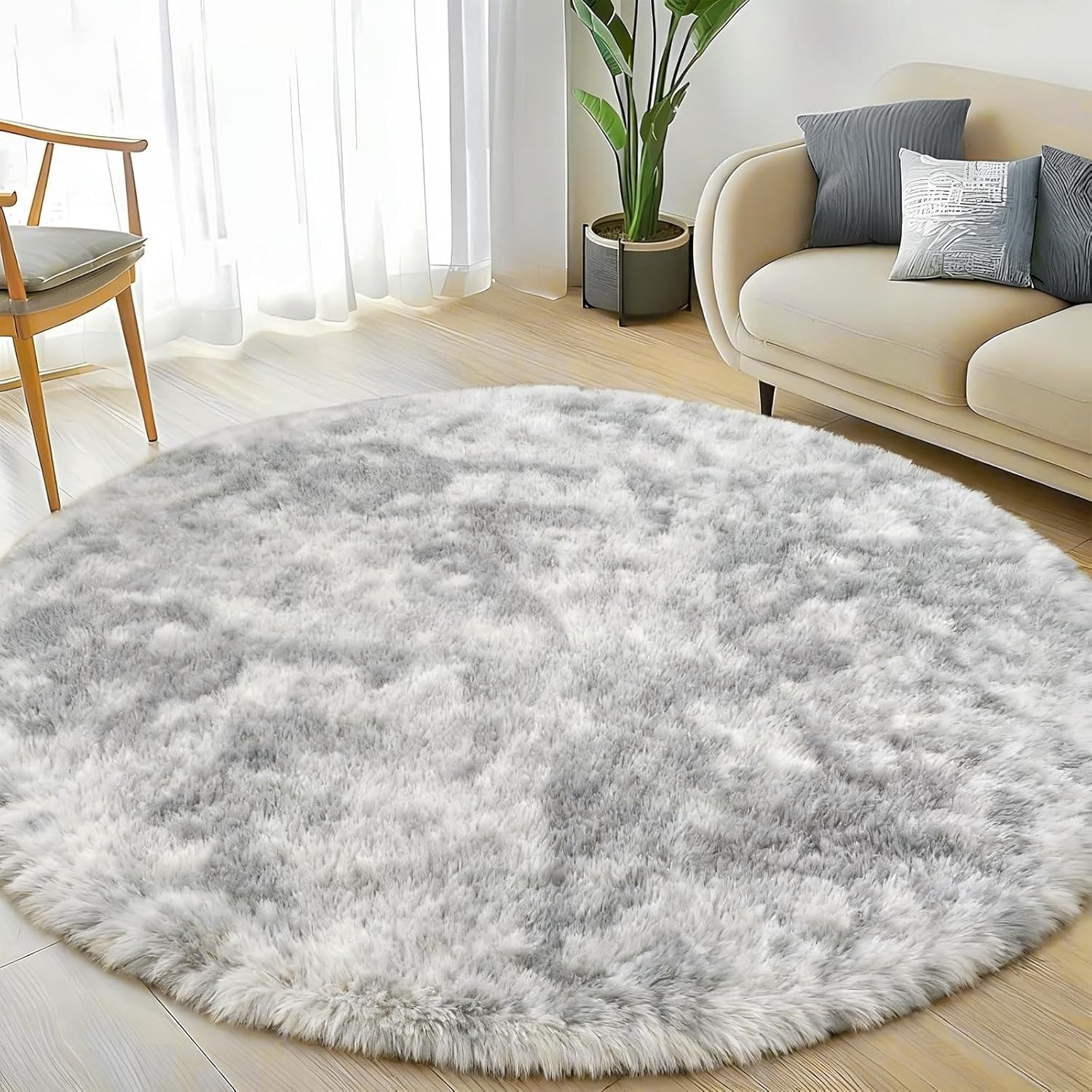 Homcomodar Hochflor Teppich Rund 160 cm Grau Wohnzimmer Schlafzimme Teppich Flauschig rutschfest teppiche kinderzimmer Waschbar Flauschig
